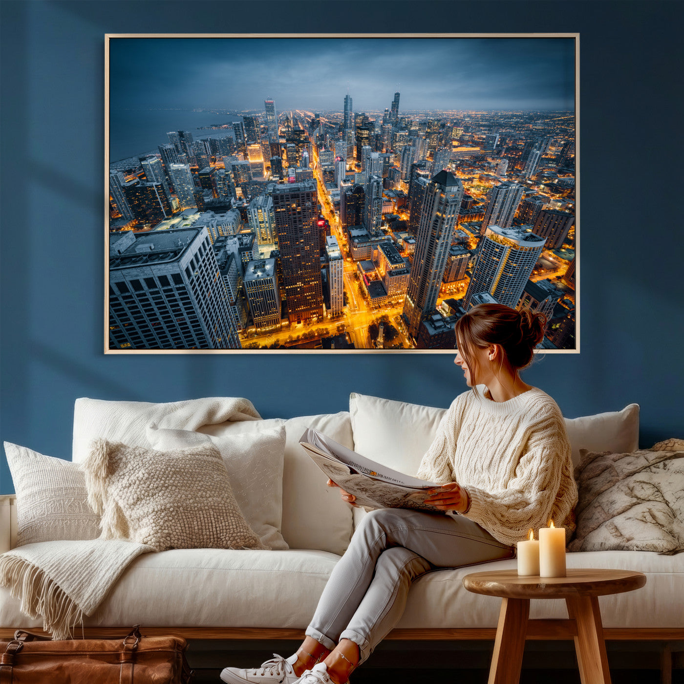81742538-MGV-CV-36X24 - Chicago Wall Art Canvas Print, Chicago City Downtown Night Cityscape Print for Modern Urban Wall Decor