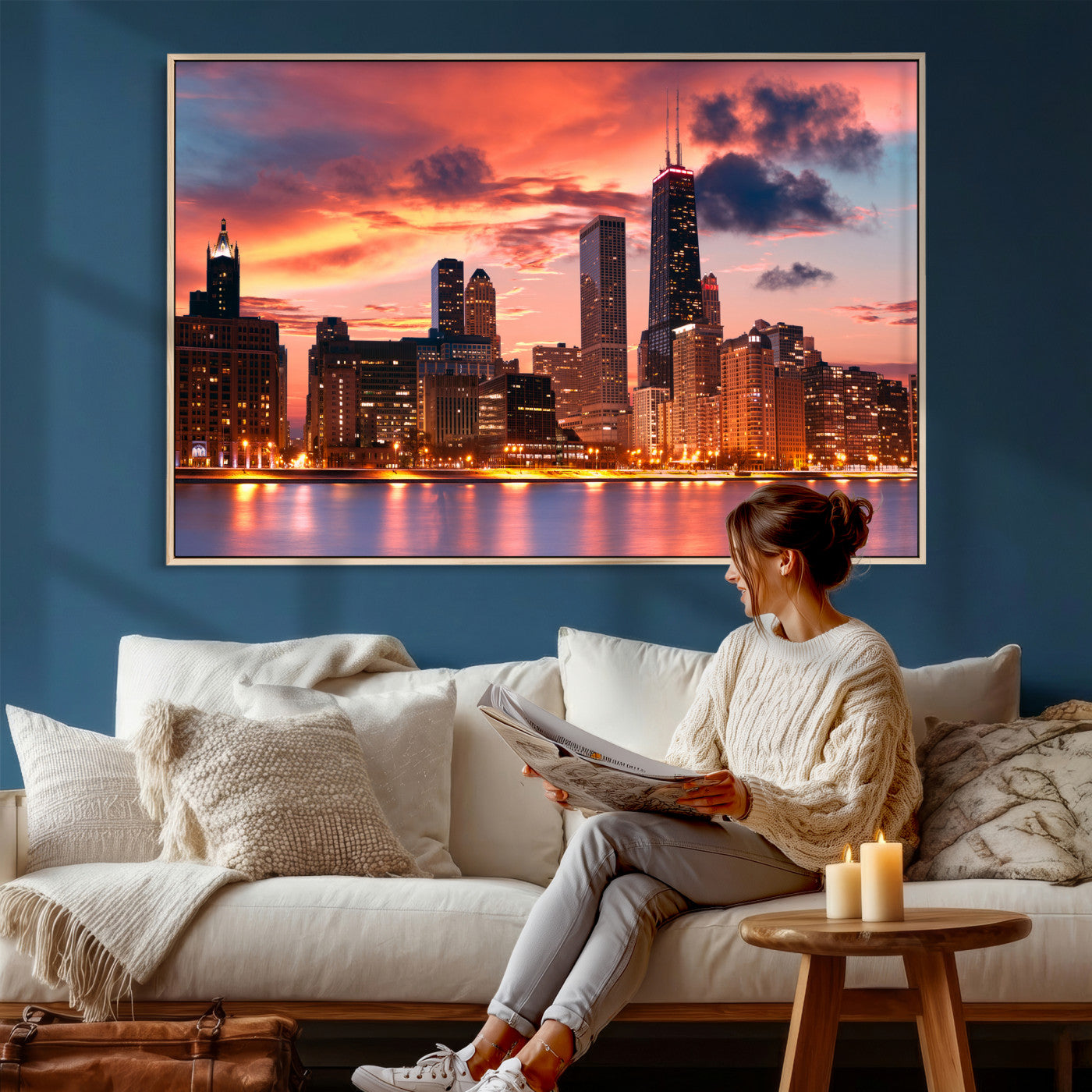80390109-MGV-CV-36X24 - Chicago Wall Art Canvas Print, Chicago City Downtown Night Cityscape Print for Modern Urban Wall Decor