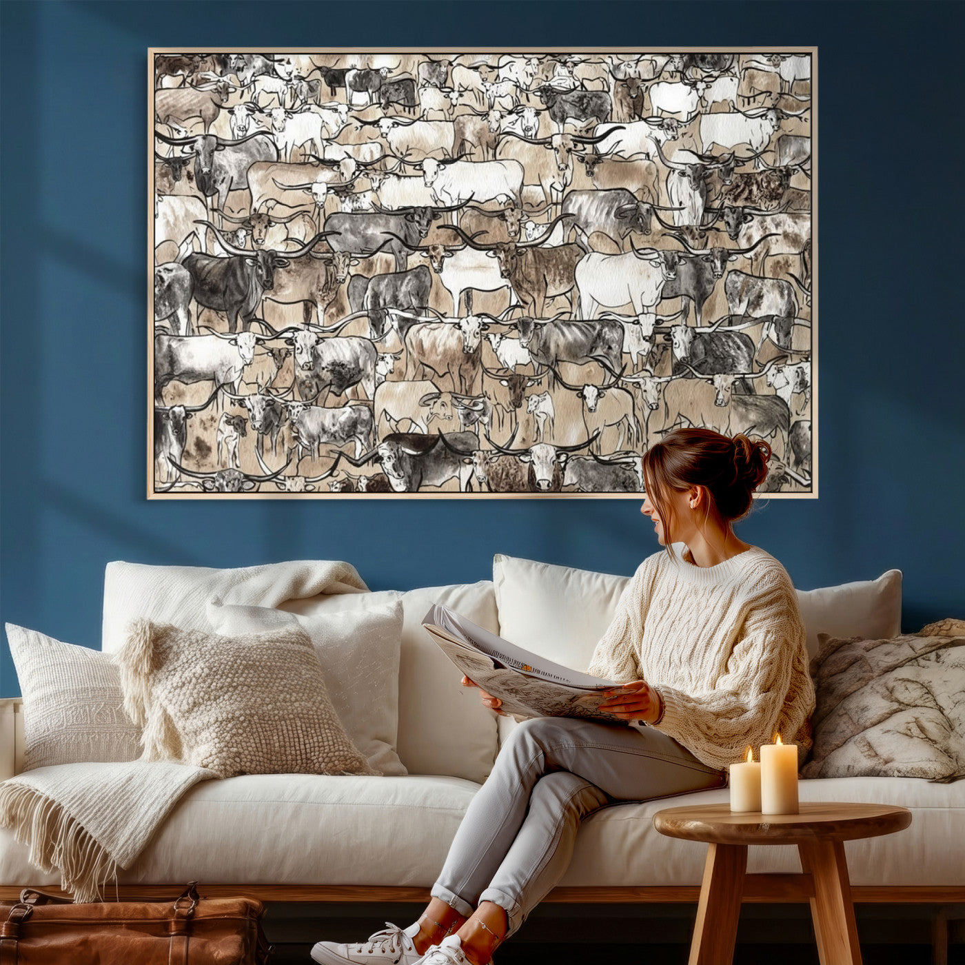 64368752-MGV-CV-36X24 - Farmhouse Animals Wall Art Canvas Print - Abstract Farm Animal Drawing Mid-Century Wall Art for Cabin Decor