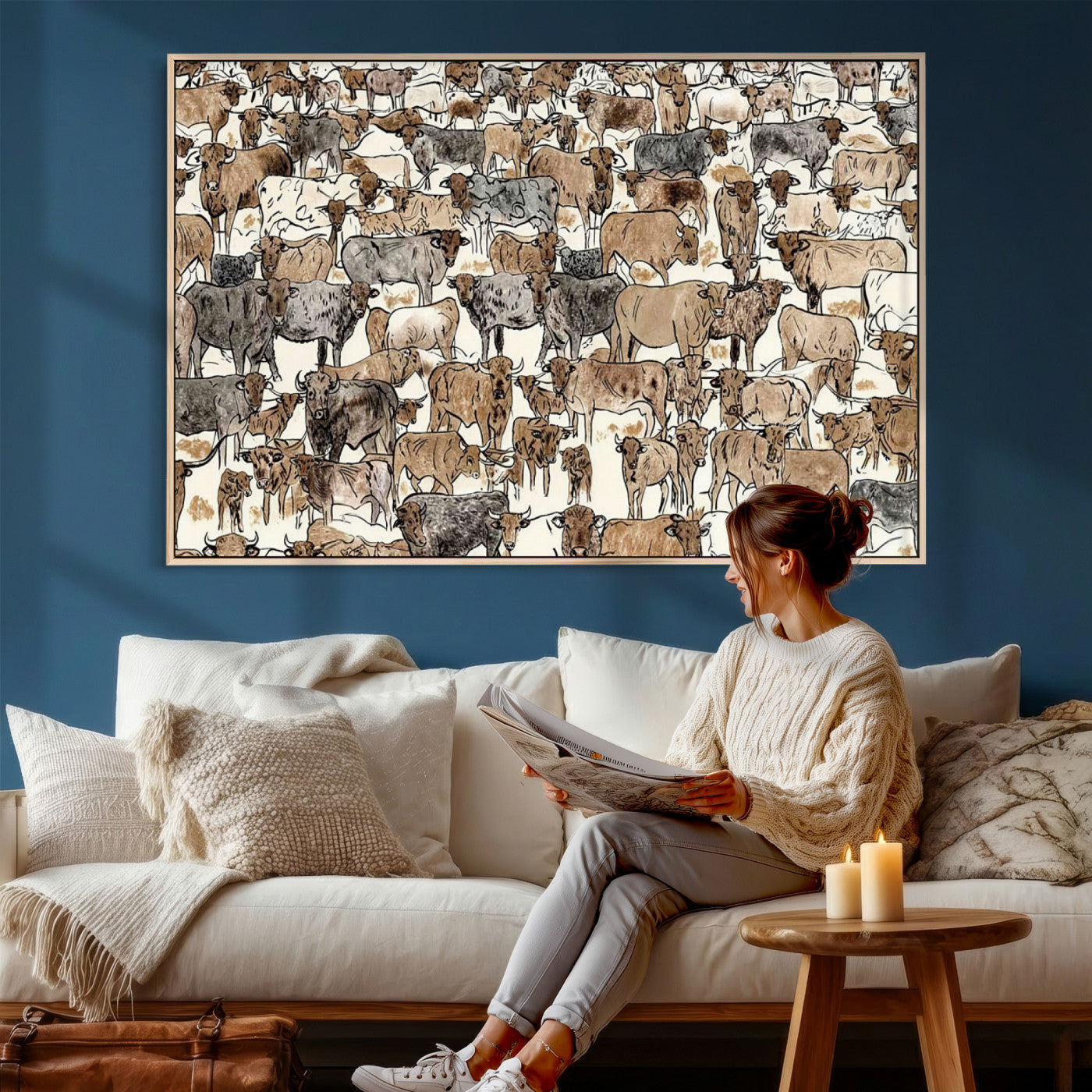 76902119-MGV-CV-36X24 - Farmhouse Animals Wall Art Canvas Print - Abstract Farm Animal Drawing Mid-Century Wall Art for Cabin Decor