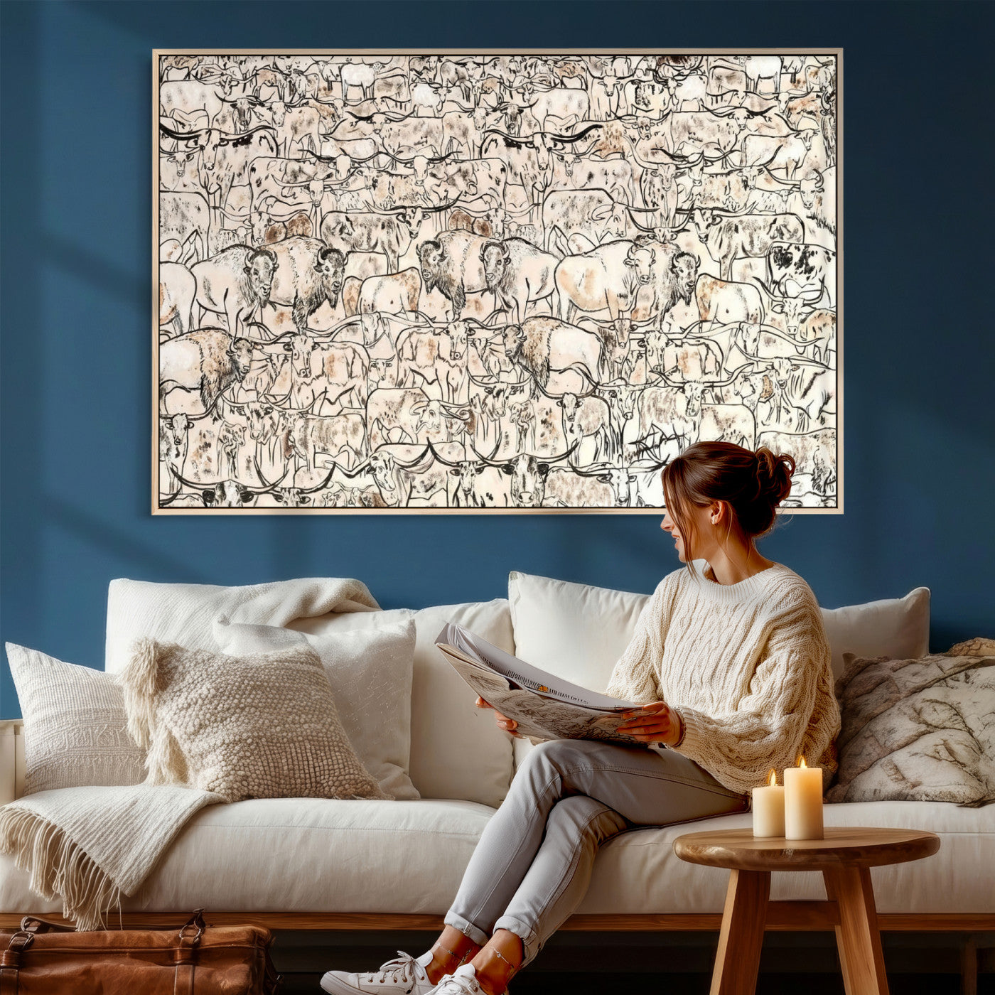 36925875-MGV-CV-36X24 - Farmhouse Animals Wall Art Canvas Print - Abstract Farm Animal Drawing Mid-Century Wall Art for Cabin Decor