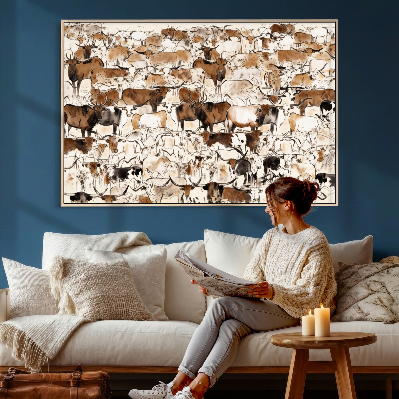 81416572-MGV-CV-36X24 - Farmhouse Animals Wall Art Canvas Print - Abstract Farm Animal Drawing Mid-Century Wall Art for Cabin Decor