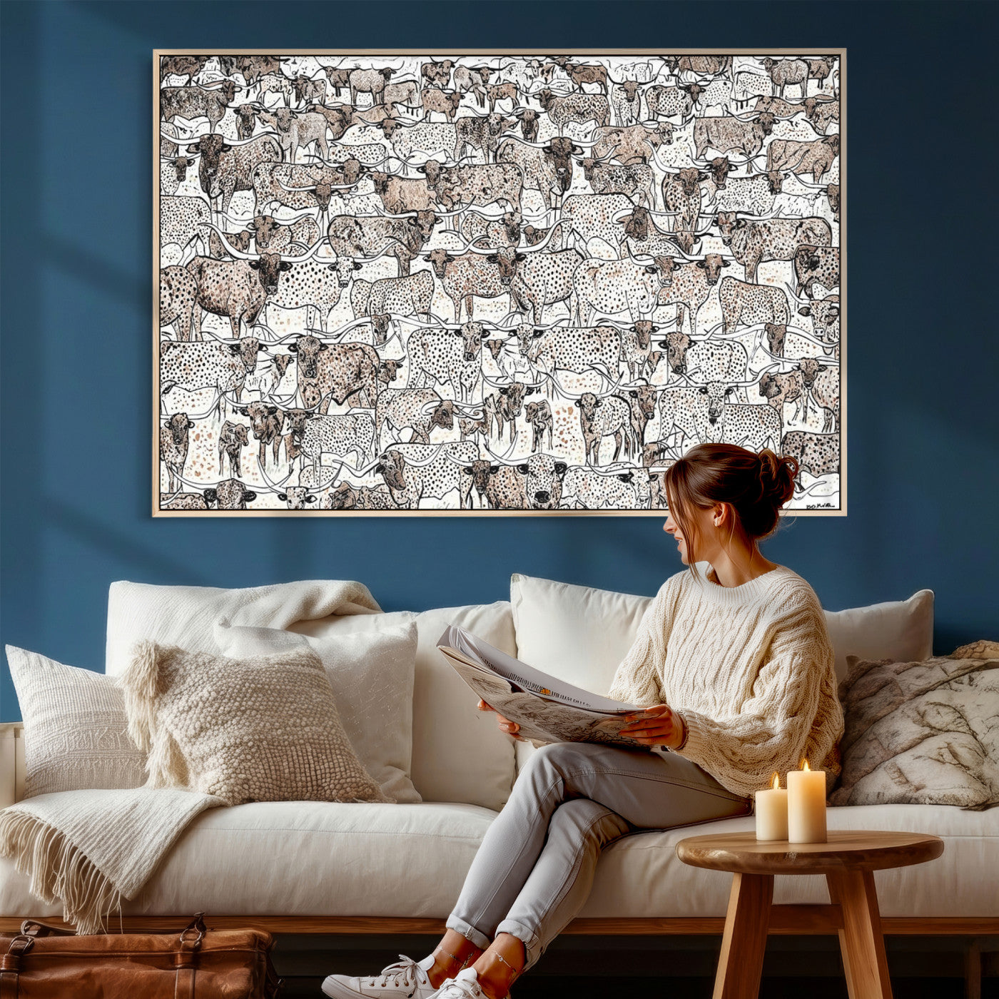 49200255-MGV-CV-36X24 - Farmhouse Animals Wall Art Canvas Print - Abstract Farm Animal Drawing Mid-Century Wall Art for Cabin Decor
