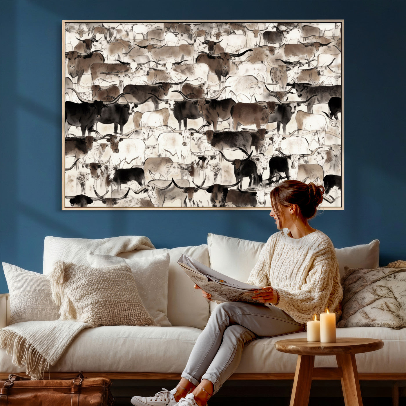 46084312-MGV-CV-36X24 - Farmhouse Animals Wall Art Canvas Print - Abstract Farm Animal Drawing Mid-Century Wall Art for Cabin Decor