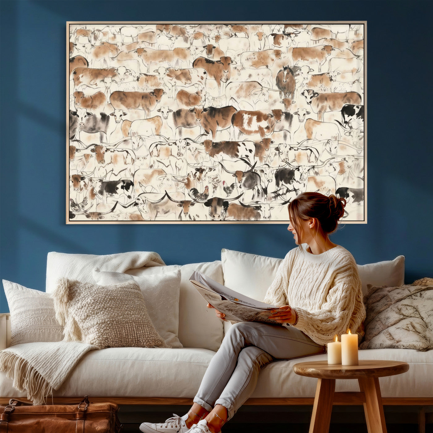 69961368-MGV-CV-36X24 - Farmhouse Animals Wall Art Canvas Print - Abstract Farm Animal Drawing Mid-Century Wall Art for Cabin Decor