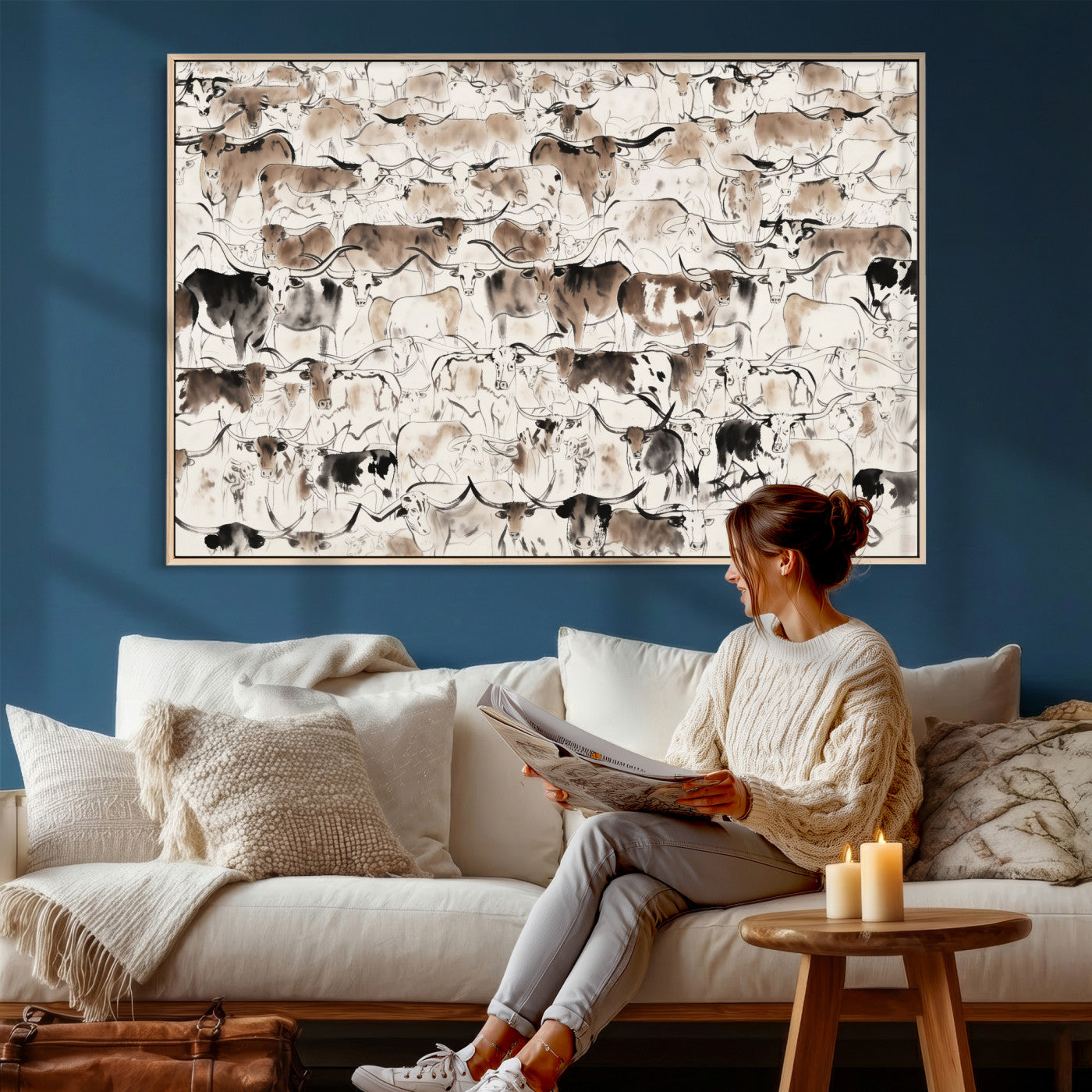 66685375-MGV-CV-36X24 - Farmhouse Animals Wall Art Canvas Print - Abstract Farm Animal Drawing Mid-Century Wall Art for Cabin Decor