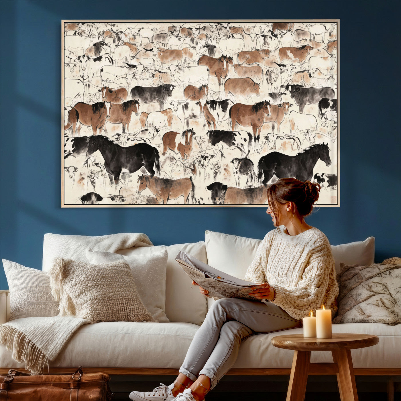 74171578-MGV-CV-36X24 - Farmhouse Animals Wall Art Canvas Print - Abstract Farm Animal Drawing Mid-Century Wall Art for Cabin Decor