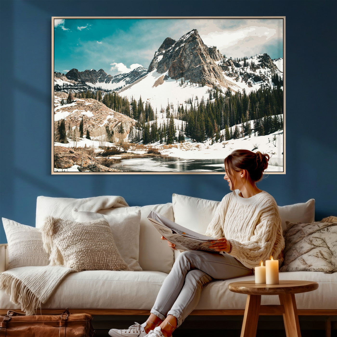 56837070-MGV-CV-36X24 - Snowy Mountain Landscape Wall Art Canvas Print, Alpine Pine Forest Winter Nature Wall Decor for Living Room and Office