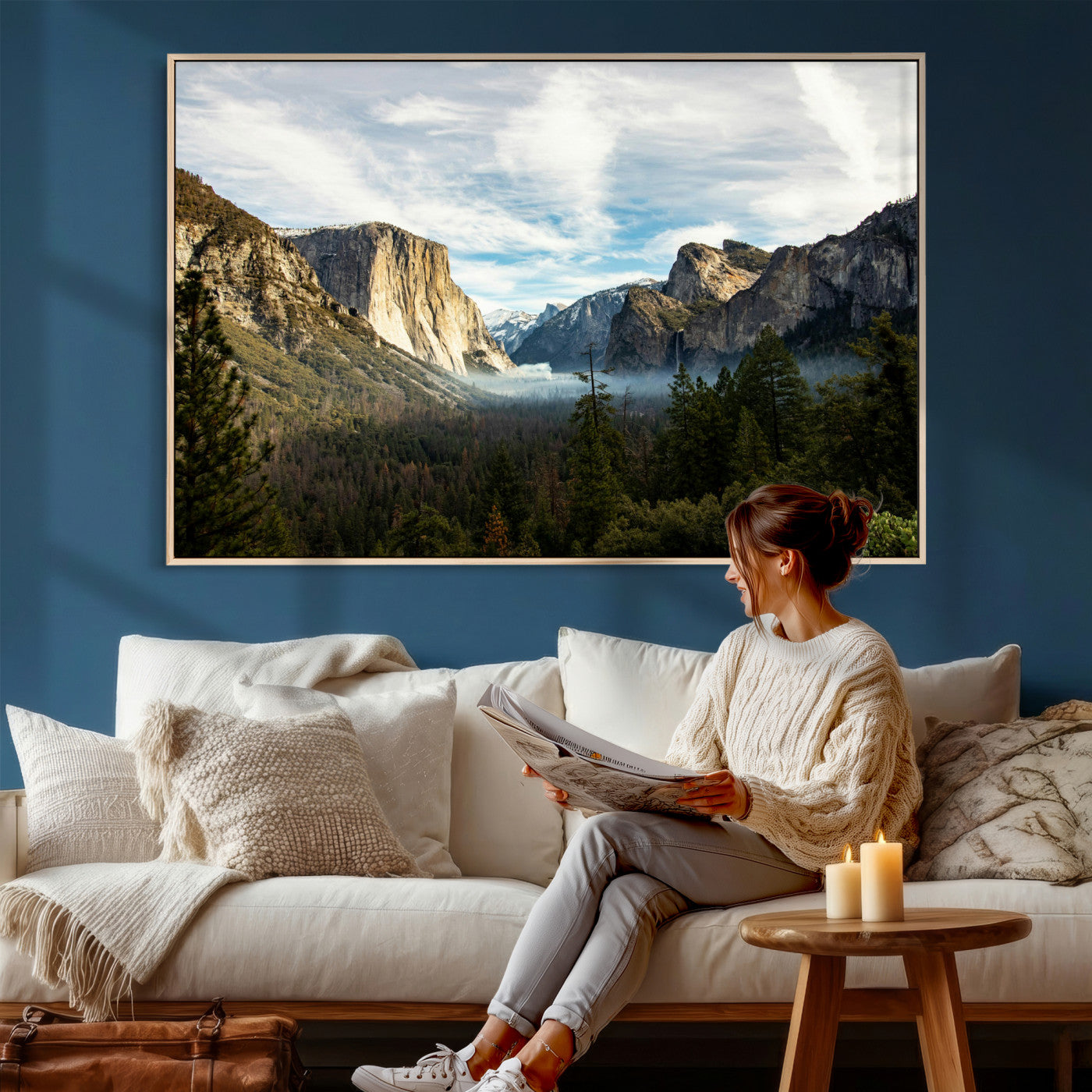 15089394-MGV-CV-36X24 - Yosemite Valley Mountain Landscape Wall Art Canvas Print, Granite Cliff Forest Valley Canvas Print, California National Park Scenic Art Printing
