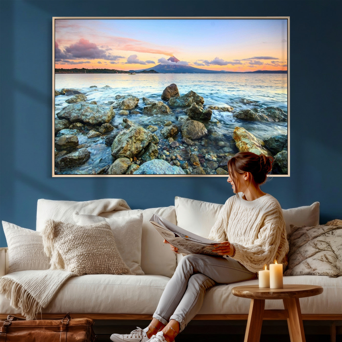 46869511-MGV-CV-36X24 - Mayon Volcano Seascape Landscape Wall Art Canvas Print, Tropical Ocean Shore Mountain Canvas Print, Philippines Coastal Scenic Art Printing