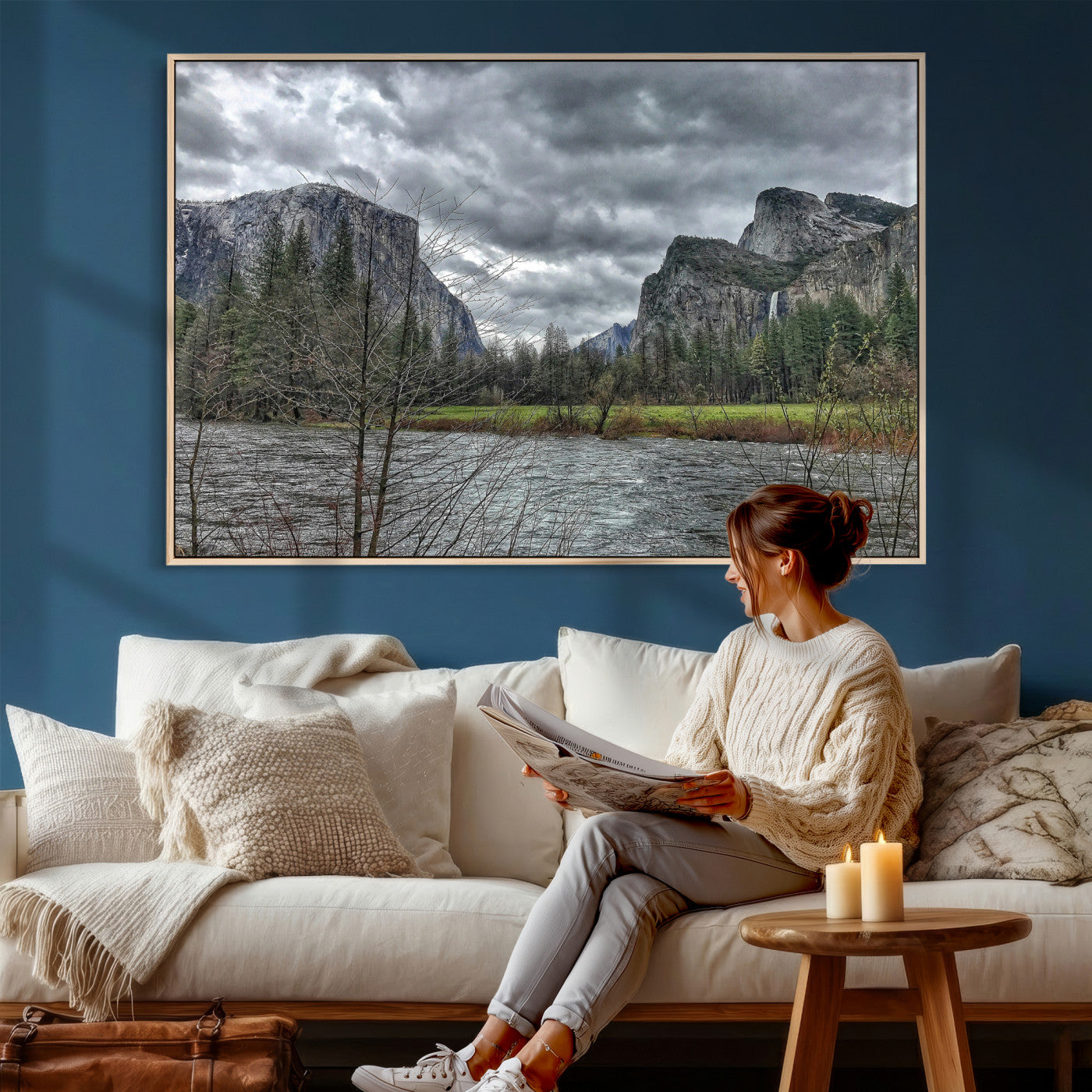 75582552-MGV-CV-36X24 - Yosemite Valley River Landscape Wall Art Canvas Print, Granite Cliffs Forest River Canvas Print, California National Park Moody Scenic Art Printi