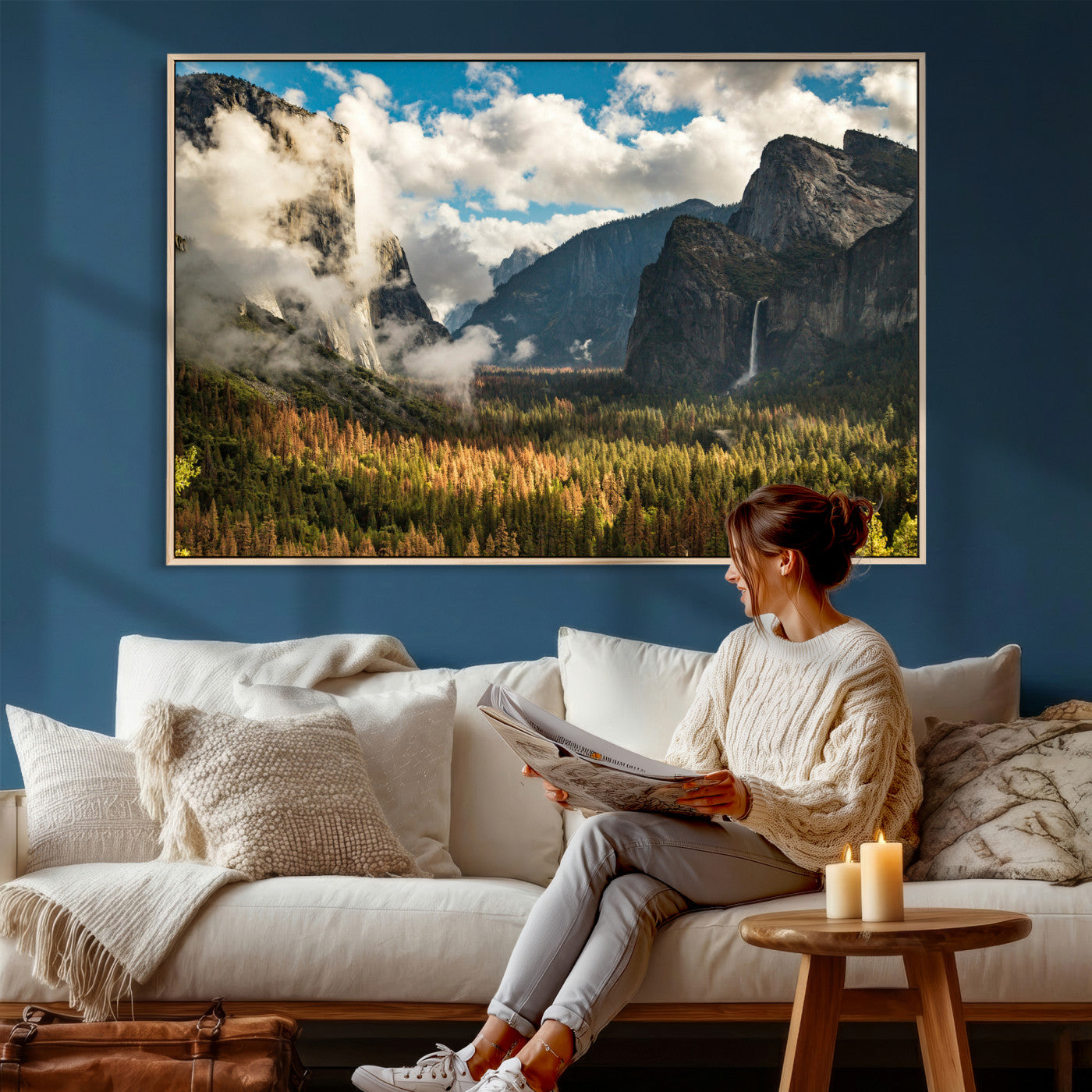 18271001-MGV-CV-36X24 - Yosemite Valley River Landscape Wall Art Canvas Print, Granite Cliffs Forest River Canvas Print, California National Park Moody Scenic Art Printi