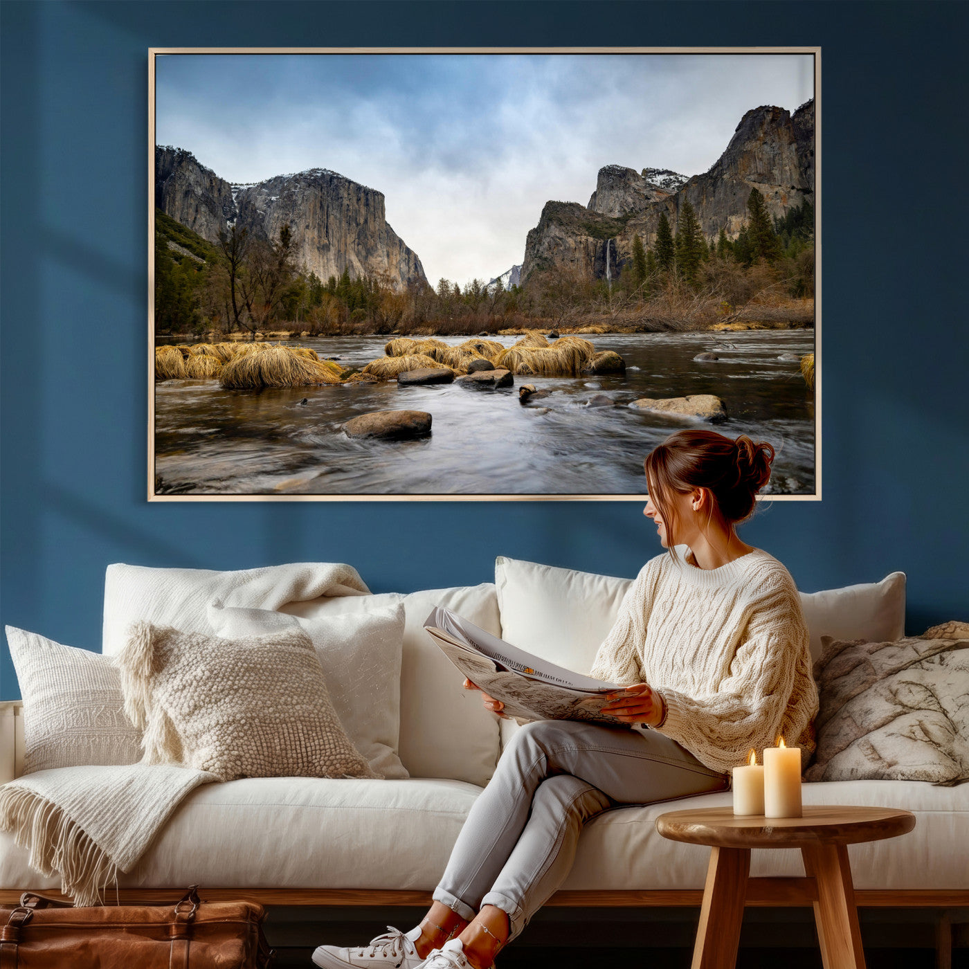 20458404-MGV-CV-36X24 - Yosemite Valley Mountain Landscape Wall Art Canvas Print, Granite Cliff Forest Valley Canvas Print, California National Park Scenic Art Printing