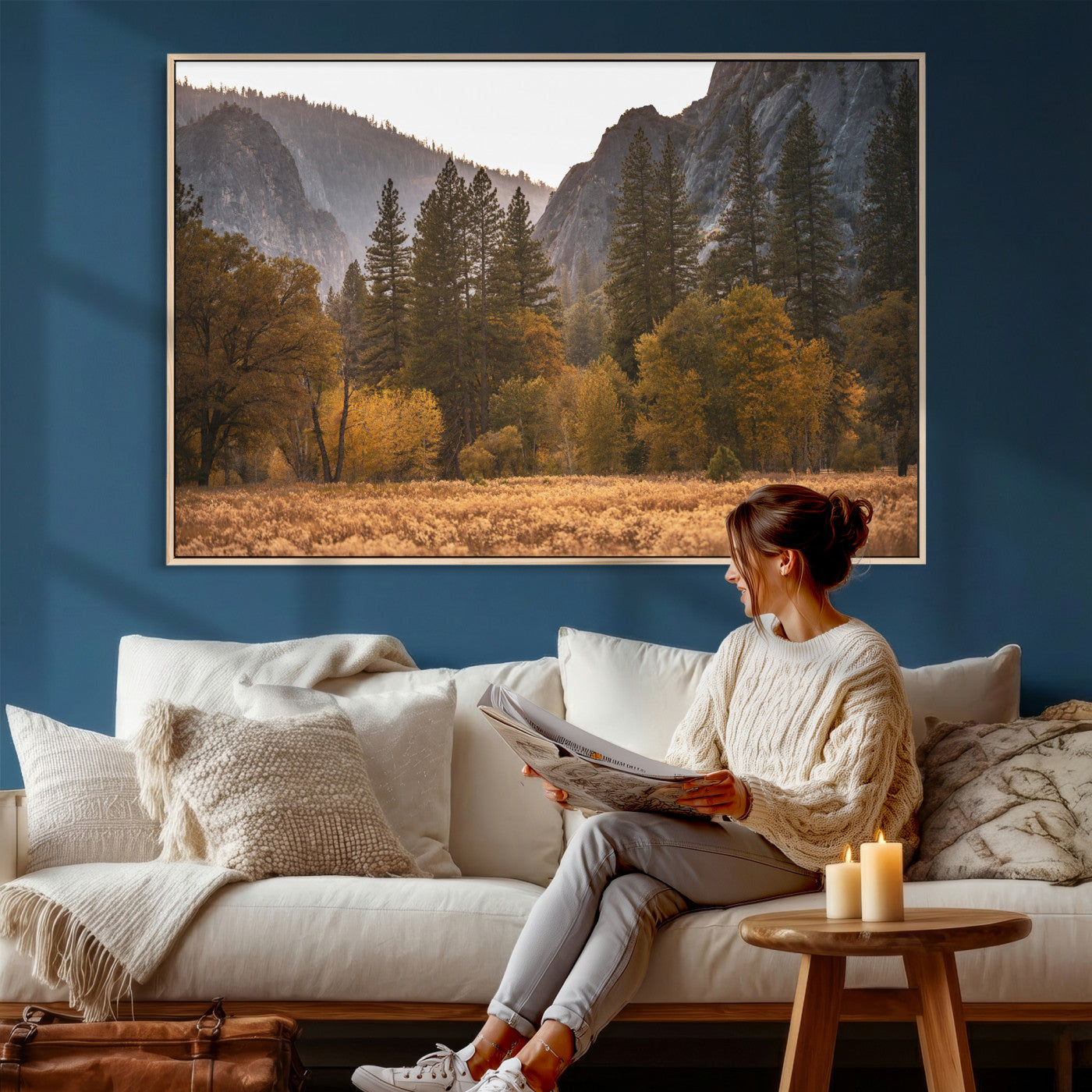 61682763-MGV-CV-36X24 - Yosemite Valley Autumn Forest Landscape Wall Art Canvas Print, Granite Mountain Pine Trees Canvas Print, California National Park Fall Scenic Art Printing