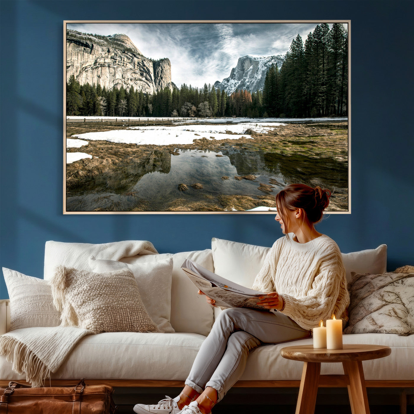 14527348-MGV-CV-36X24 - Yosemite Valley Mountain Landscape Wall Art Canvas Print, Granite Cliff Forest Valley Canvas Print, California National Park Scenic Art Printing