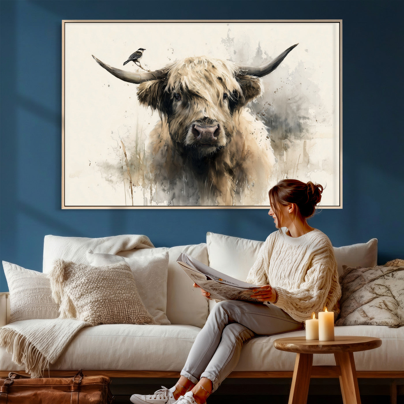 98249290-MGV-CV-36X24 - Abstract Highland Cow Watercolor Animal Wall Art Canvas Print, Rustic Farm Cattle Portrait Canvas Print, Neutral Wildlife Farmhouse Art Printing