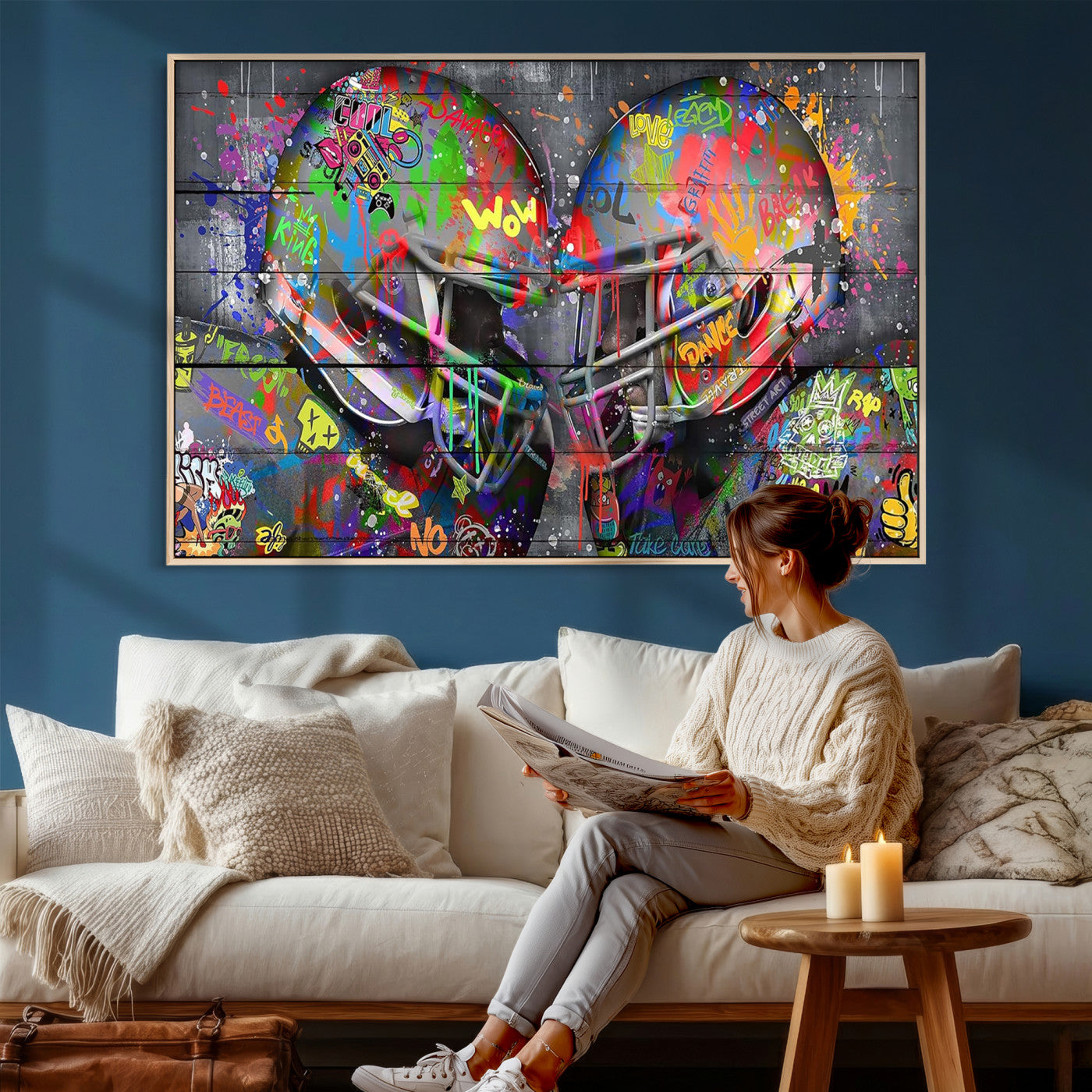 15309853-MGV-CV-36X24 - Graffiti Football Helmets Wall Art Canvas Print, Urban Street Art Sports Decor, Colorful American Football Graffiti Artwork