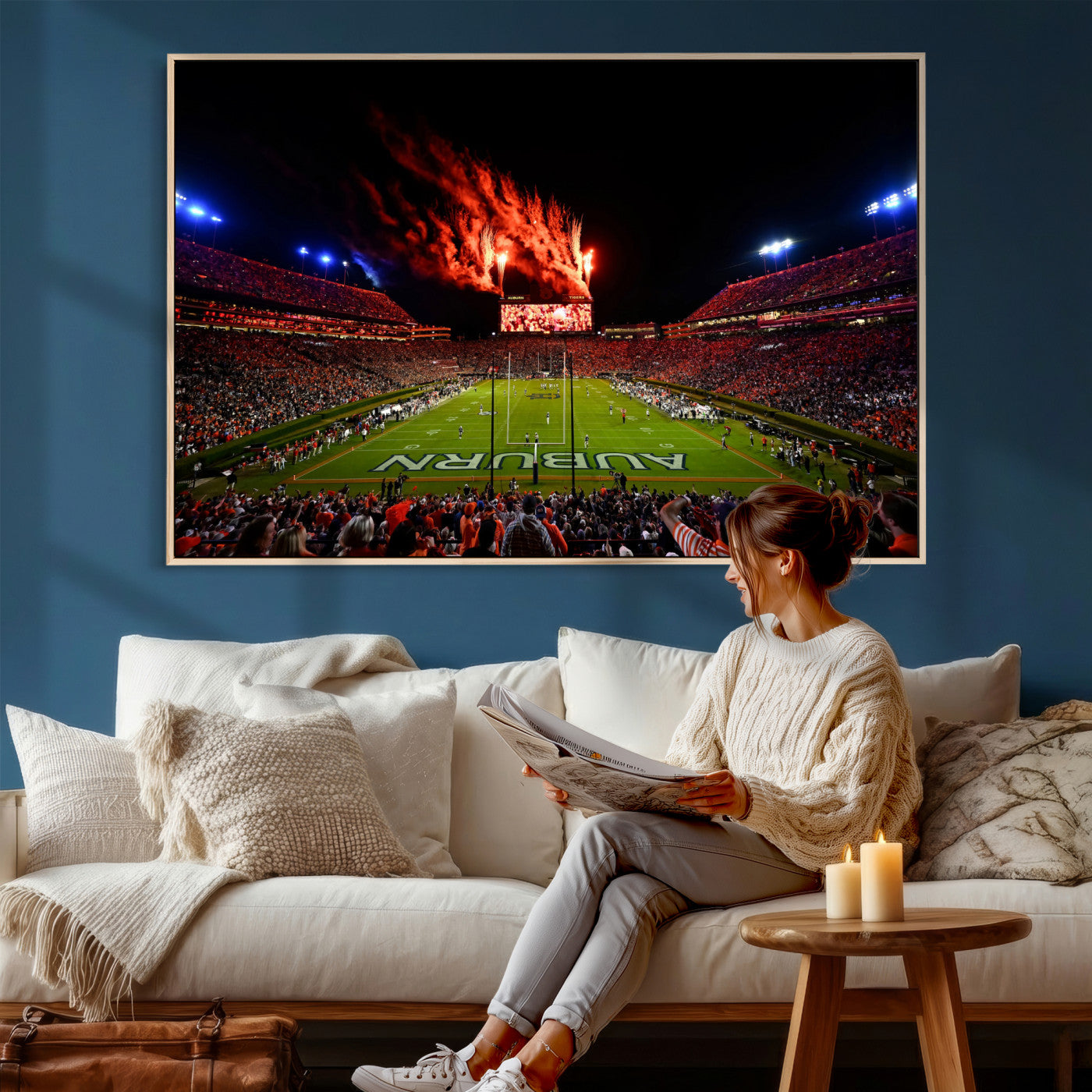 81918884-MGV-CV-36X24 - Auburn Stadium Wall Art Canvas Print, College Football Night Game Crowd, Jordan Hare Stadium Artwork
