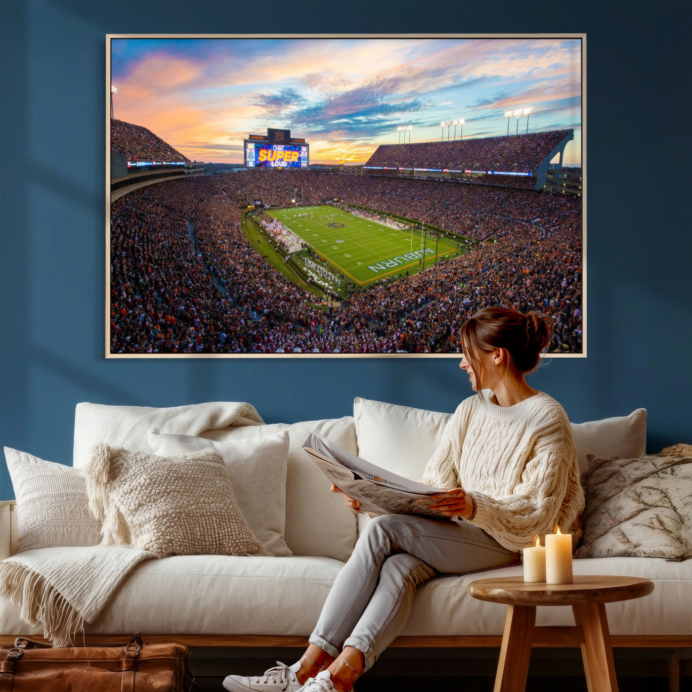 75203764-MGV-CV-36X24 - Auburn Stadium Sunset Wall Art Canvas Print, Jordan Hare Stadium Game Day Crowd, Auburn Tigers Football Artwork