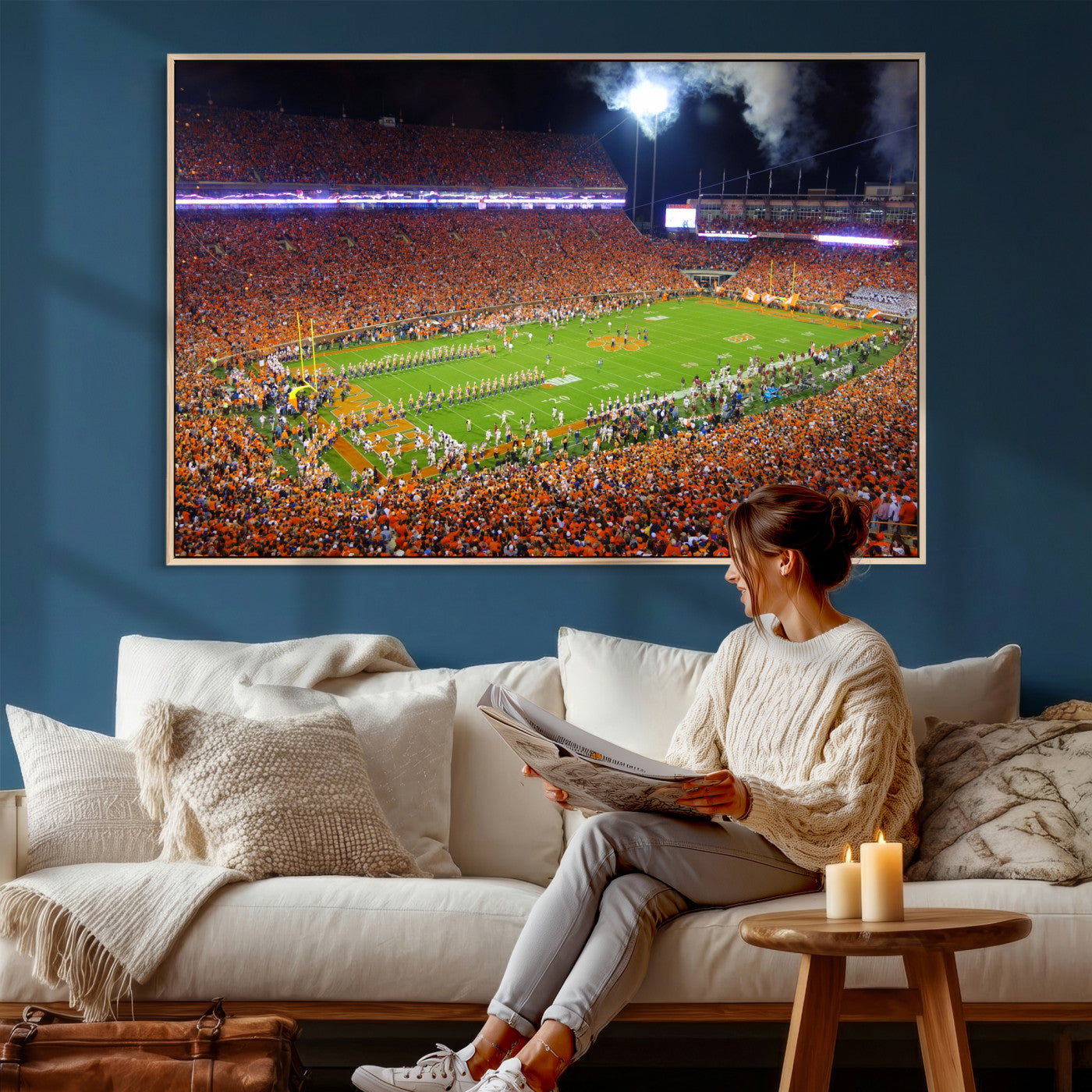 43662631-MGV-CV-36X24 - Clemson Football Stadium Wall Art Canvas Print, College Football Crowd Night Game Scene, Orange Stadium Panorama Wall Decor