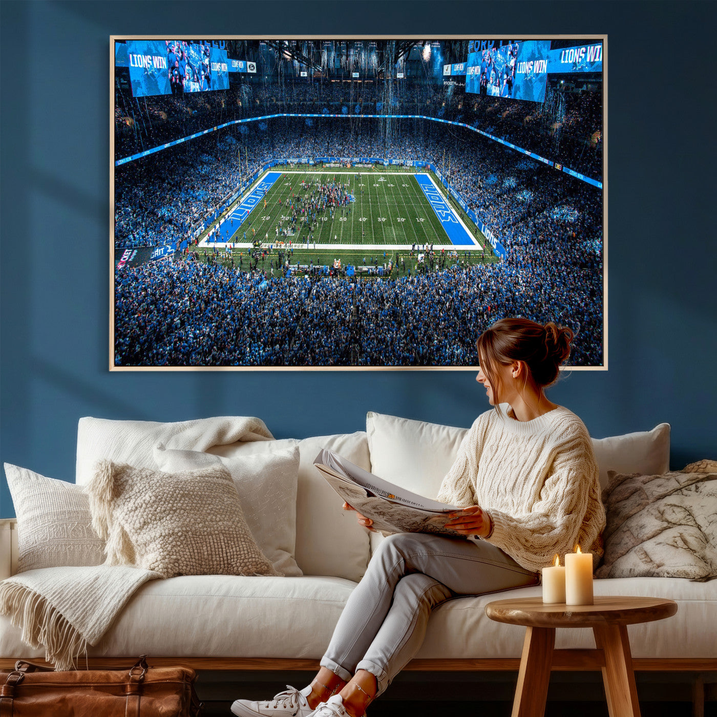 80882005-MGV-CV-36X24 - Detroit Lions Stadium Wall Art Canvas Print, Football Field Panorama Artwork, NFL Game Night Stadium Decor