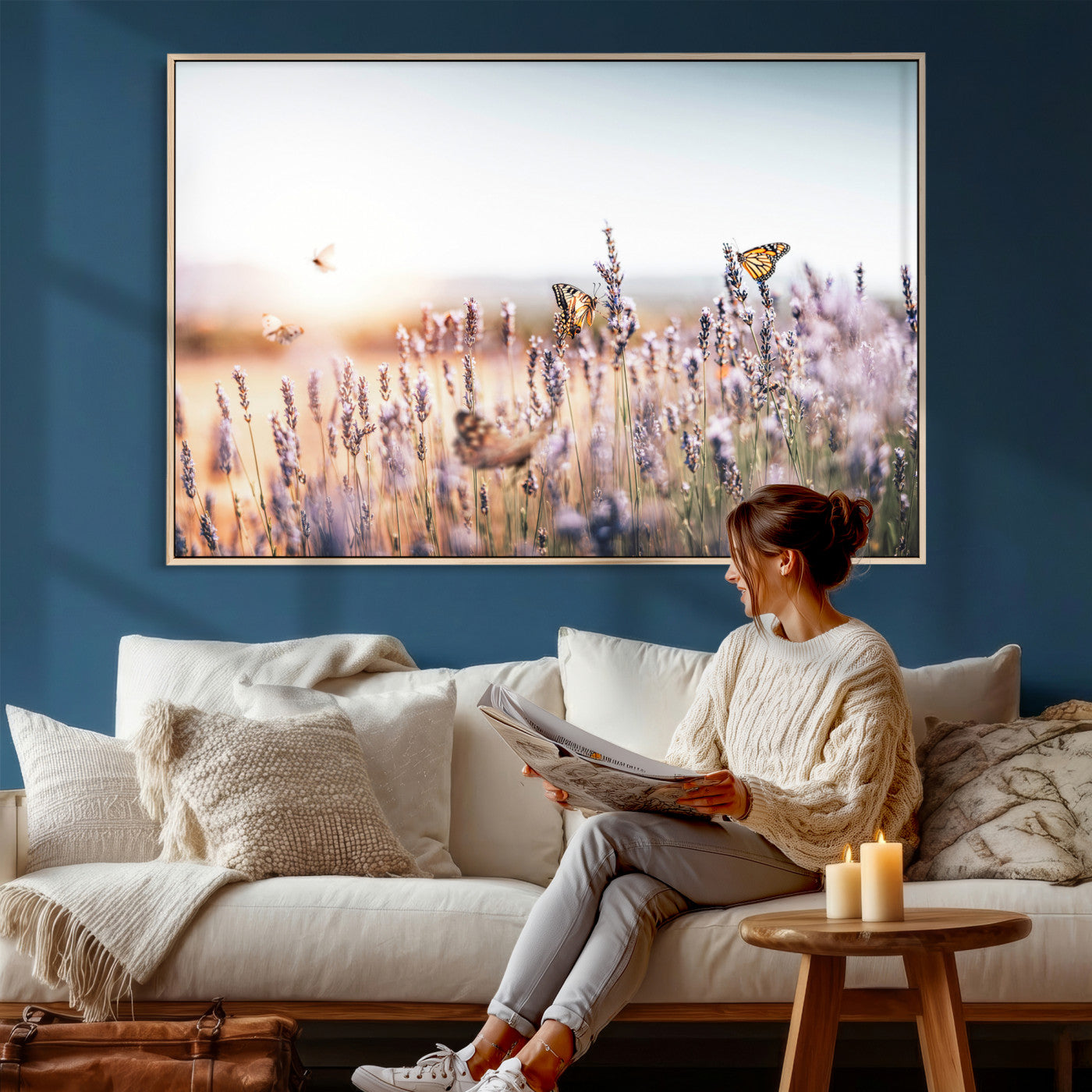 46417478-MGV-CV-36X24 - Lavender Field Wall Art Canvas Print, Butterfly Floral Landscape Art, Soft Nature Wall Decor for Bedroom