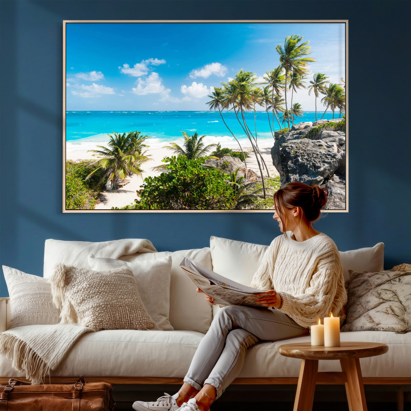 98605610-MGV-CV-36X24 - Tropical Beach Wall Art Canvas Print, Palm Tree Ocean Landscape Photography, Caribbean Coastal Artwork