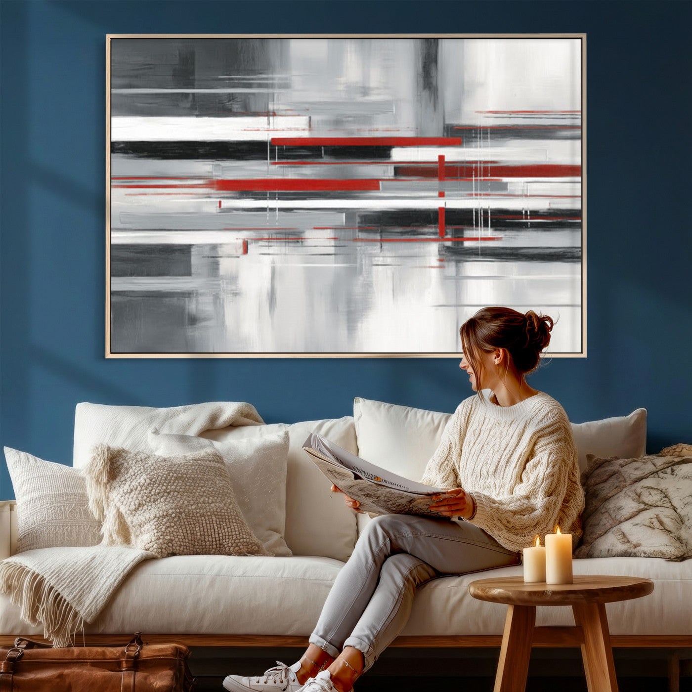 62640681-MGV-CV-36X24 - Gray Red Abstract Wall Art Canvas Print, Modern Abstract Canvas Wall Decor for Contemporary Living Room and Office