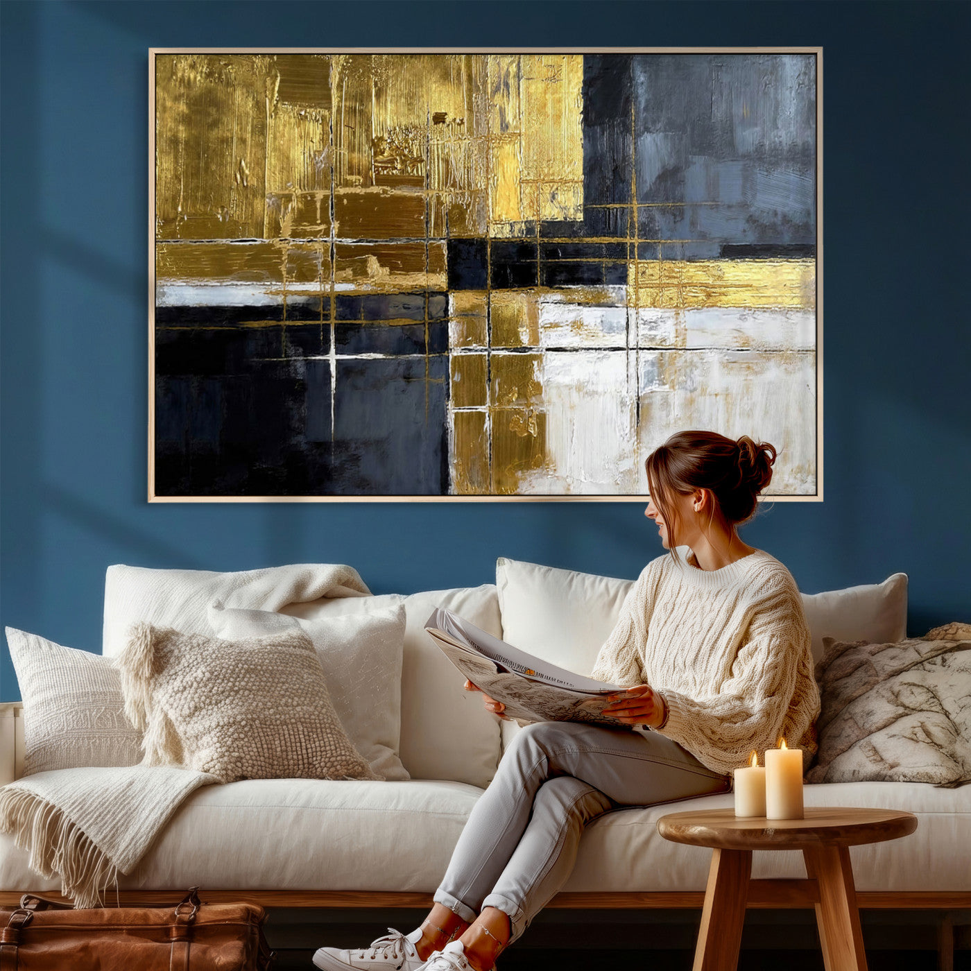 76917030-MGV-CV-36X24 - Gold Navy Abstract Wall Art Canvas Print, Modern Luxury Geometric Painting Wall Decor for Living Room and Office