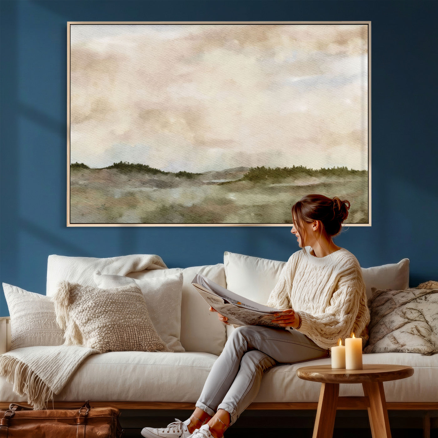 13578069-MGV-CV-36X24 - Abstract Landscape Wall Art Canvas Print, Watercolor Pastoral Landscape Painting Wall Decor for Modern Farmhouse Interiors