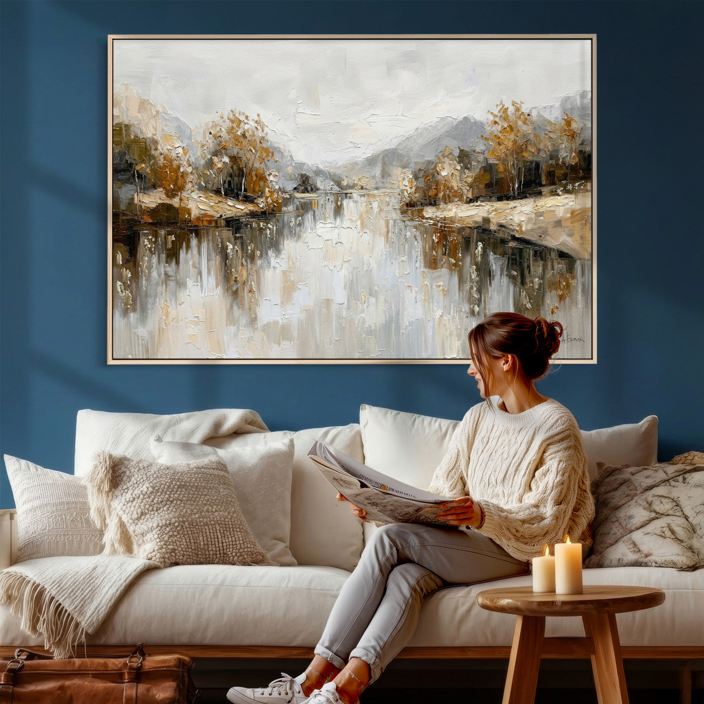 78227690-MGV-CV-36X24 - Neutral Abstract Lake Landscape Wall Art Canvas Print, Modern Minimal River Reflection Canvas Print, Beige Gray Contemporary Nature Art Printing