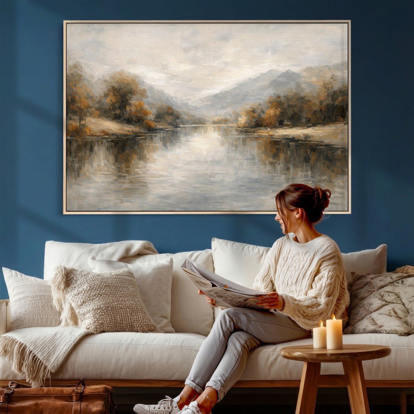 29251761-MGV-CV-36X24 - Neutral Abstract River Landscape Wall Art Canvas Print, Modern Minimal Nature Reflection Canvas Print, Beige Gray Contemporary Mountain Art Printing