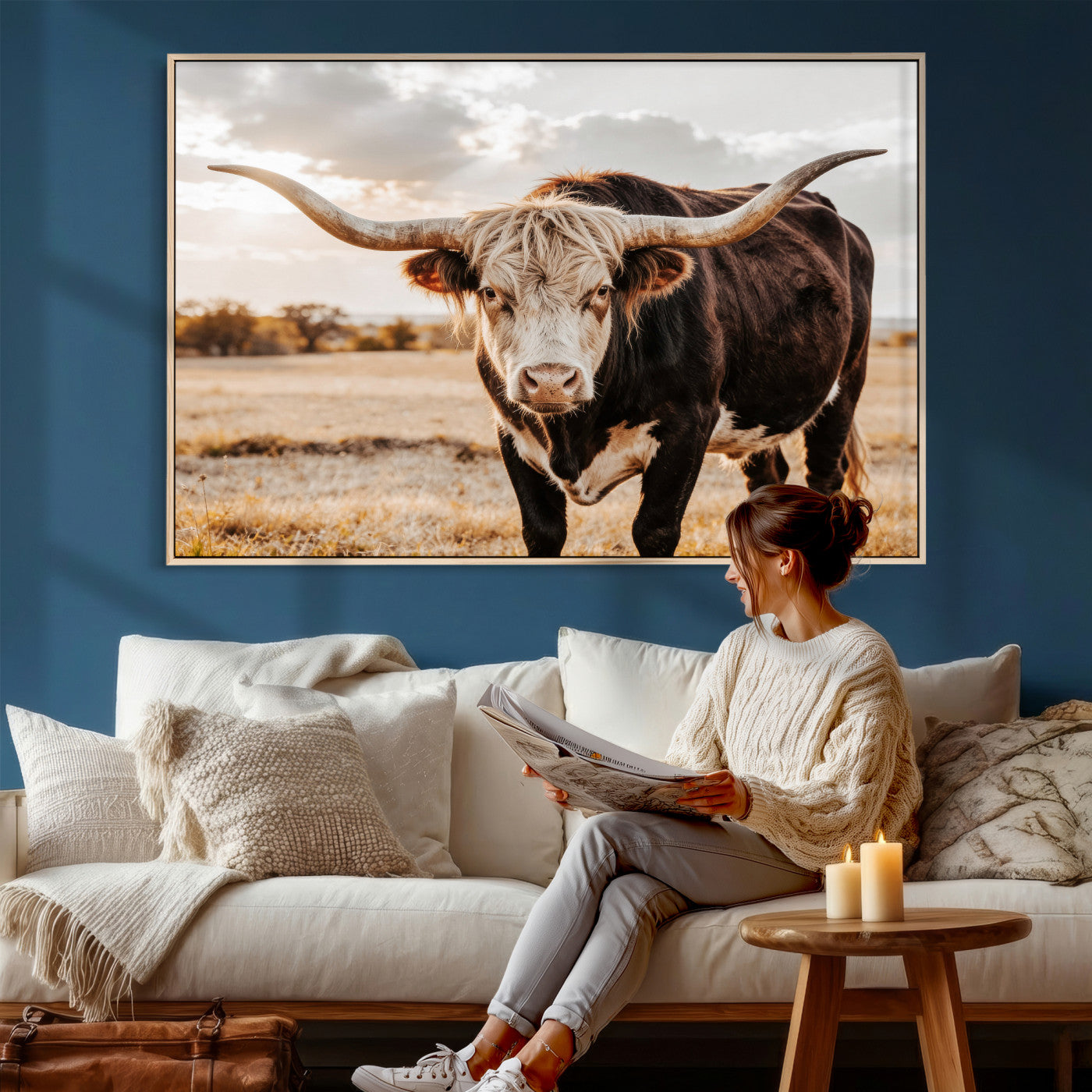 88230279-MGV-CV-36X24 - Texas Longhorn Bull Rustic Wall Art Canvas Print, Western Cattle Photography Canvas Print, Ranch Farm Animal Western Art Printing
