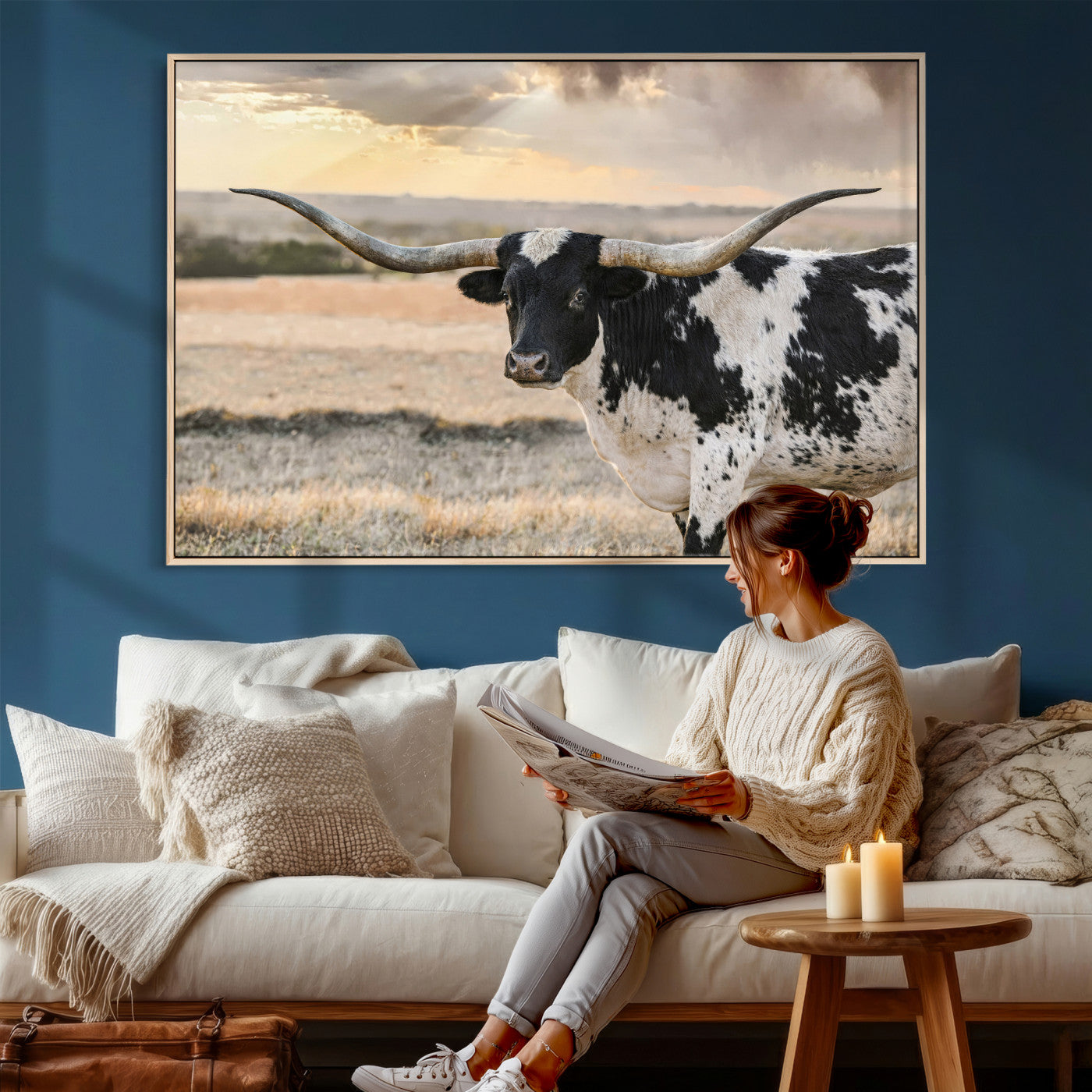 49350433-MGV-CV-36X24 - Texas Longhorn Bull Rustic Wall Art Canvas Print, Western Cattle Photography Canvas Print, Ranch Farm Animal Western Art Printing