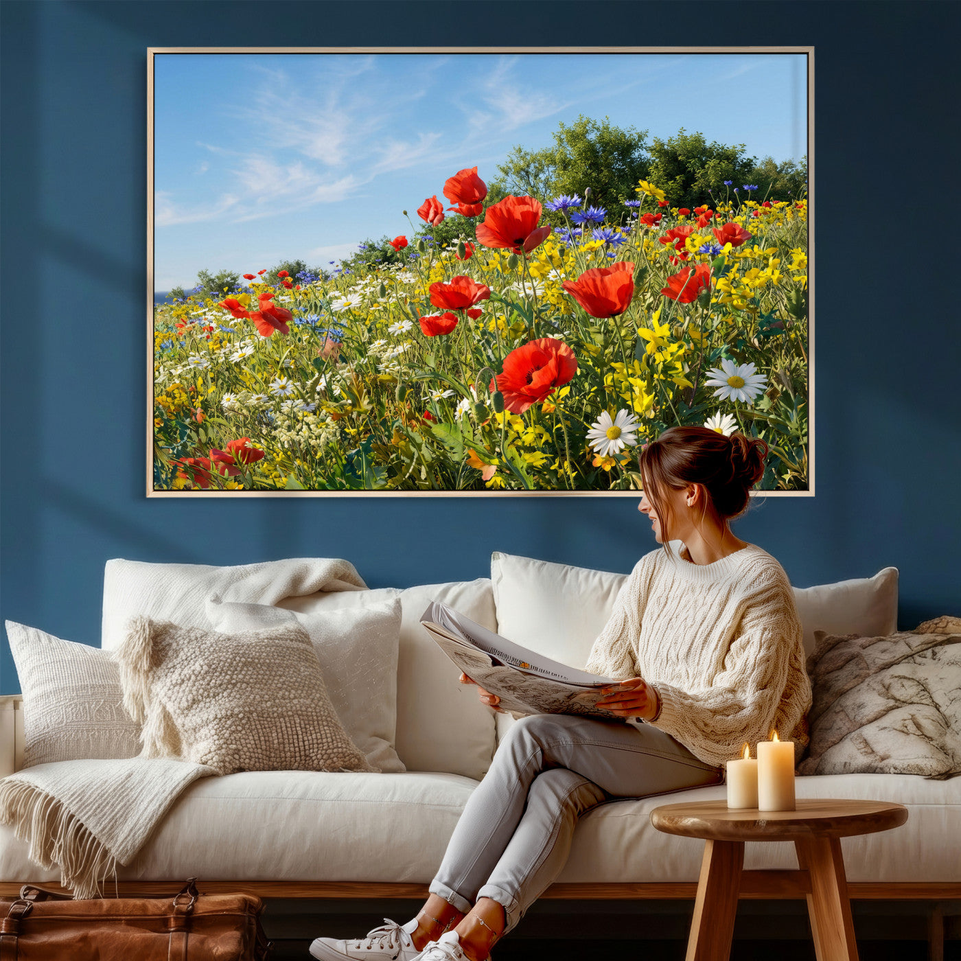 38570784-MGV-CV-36X24 - Wildflower Meadow Wall Art Canvas Print – Colorful Poppy and Daisy Field Landscape Artwork for Living Room Decor
