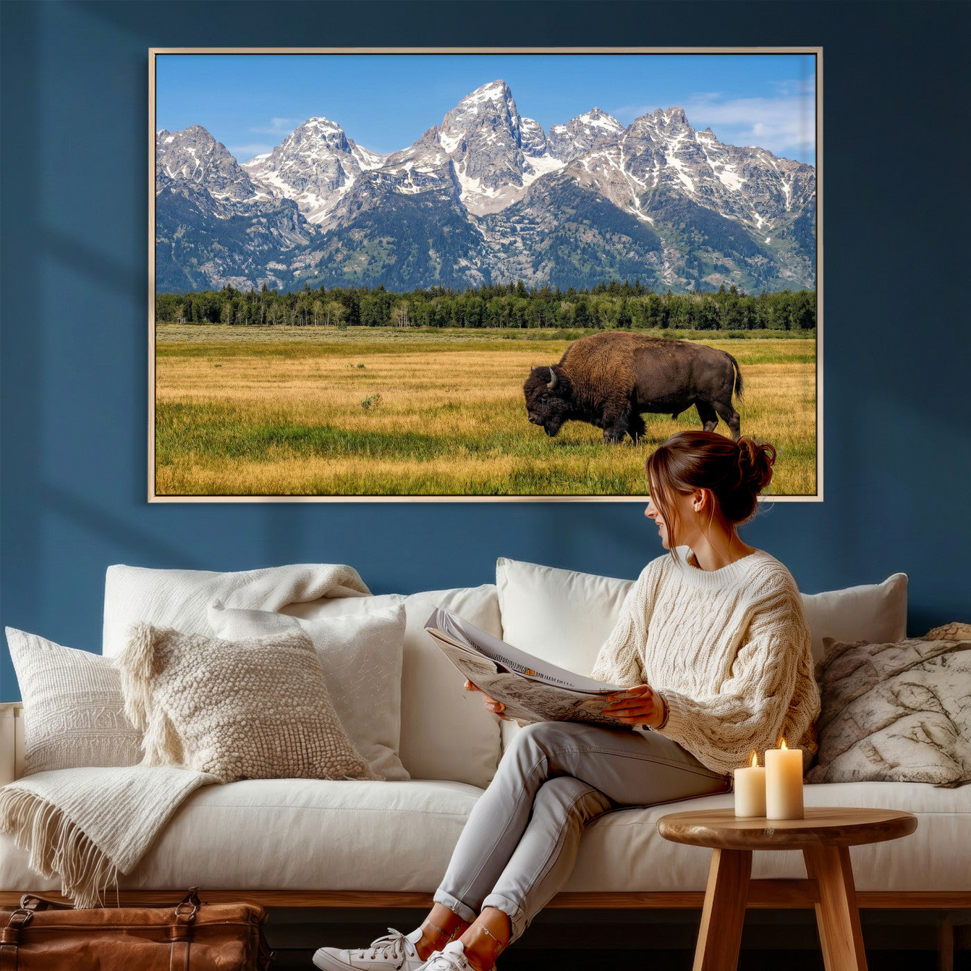 20424529-MGV-CV-36X24 - Bison in Mountain Landscape Wall Art Canvas Print – Western Wildlife Artwork for Rustic Living Room Decor