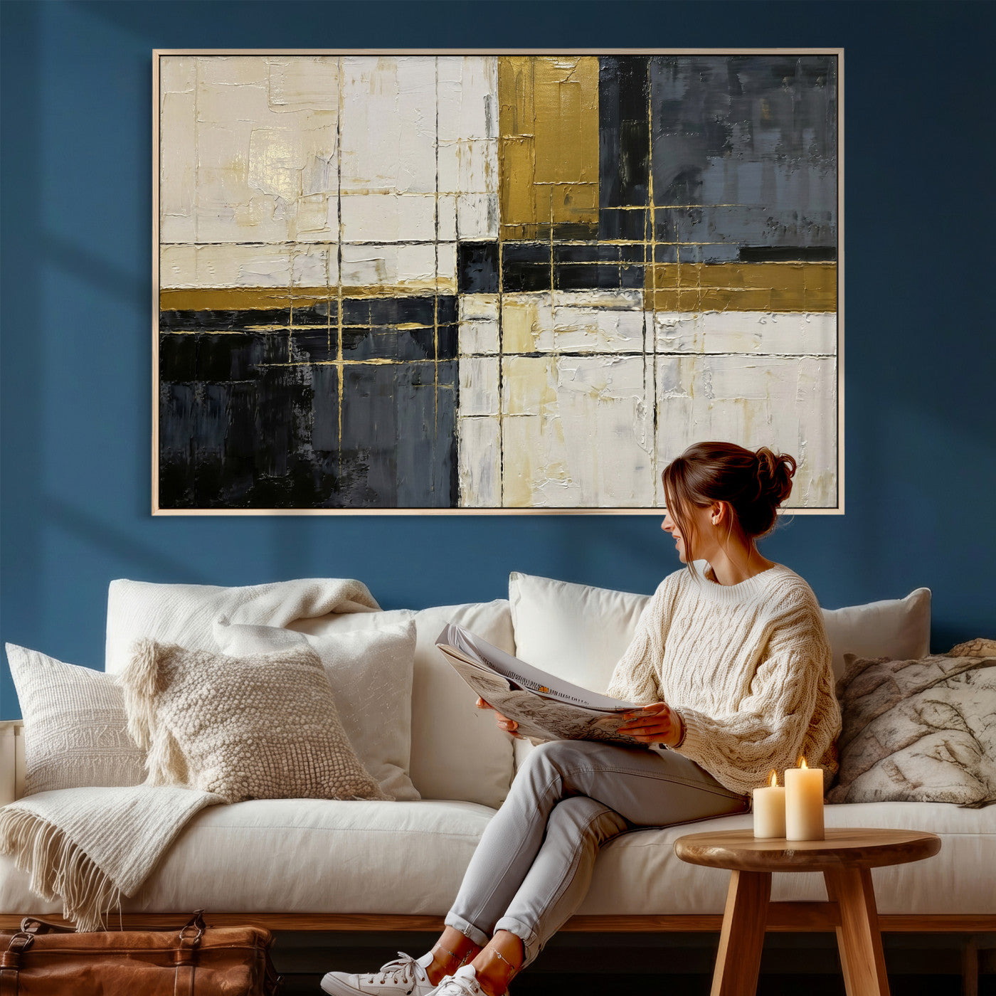 36097945-MGV-CV-36X24 - Abstract Gold and Black Wall Art Canvas Print – Modern Geometric Neutral Artwork for Living Room Decor