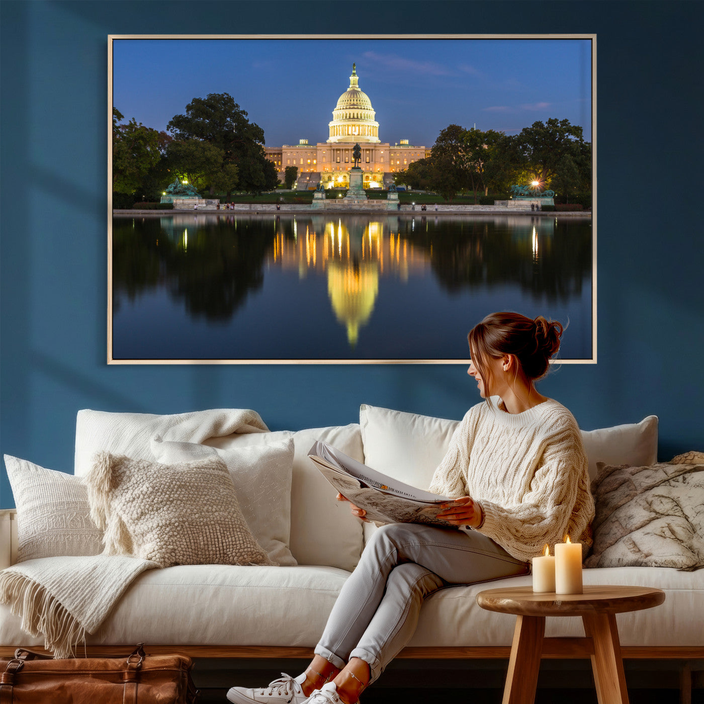 95568590-MGV-CV-36X24 - US Capitol Building Wall Art Canvas Print – Washington DC Landmark Night Reflection Artwork for Office Decor