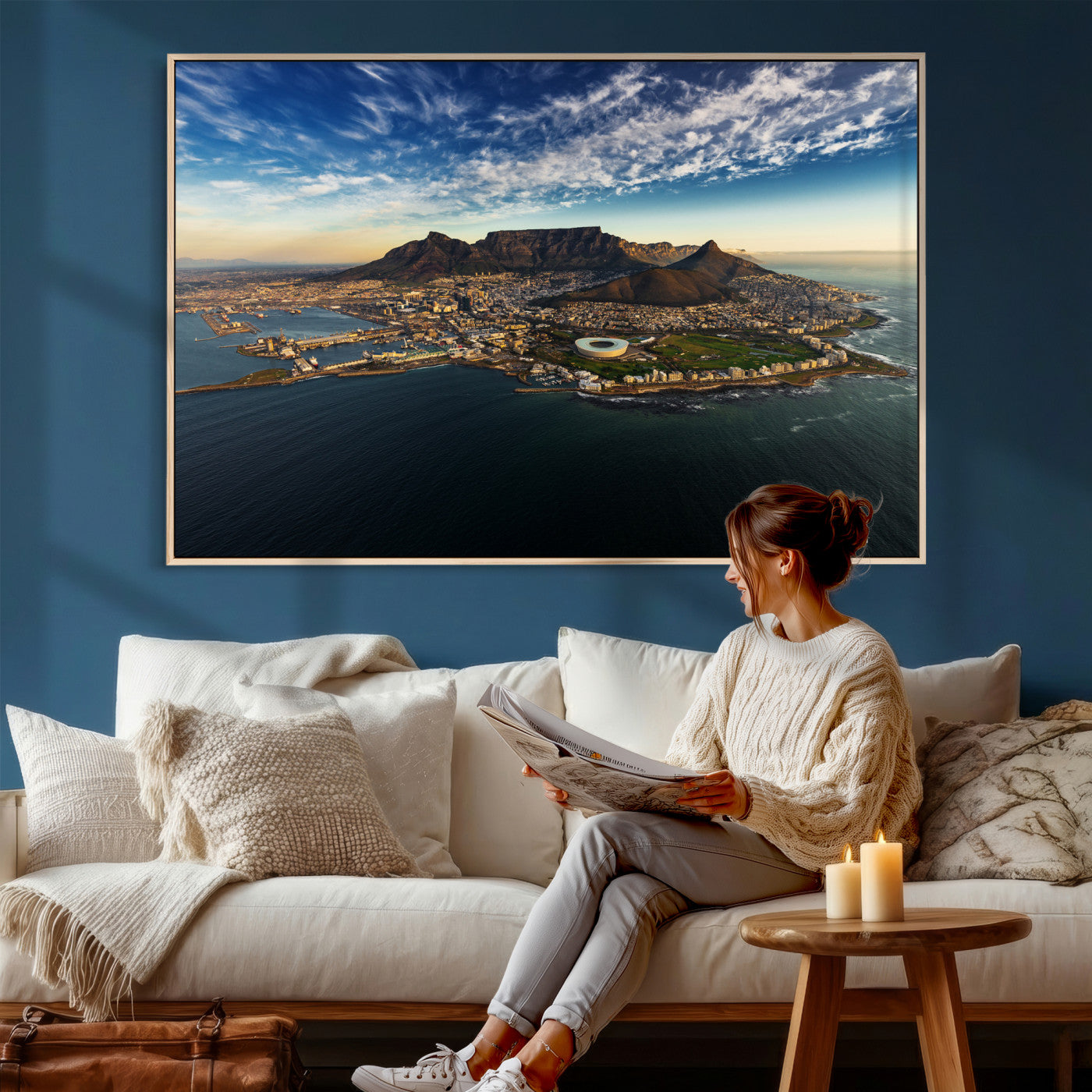 14654591-MGV-CV-36X24 - Cape Town Skyline Wall Art Canvas Print – Table Mountain Coastal Cityscape Artwork for Modern Office Decor
