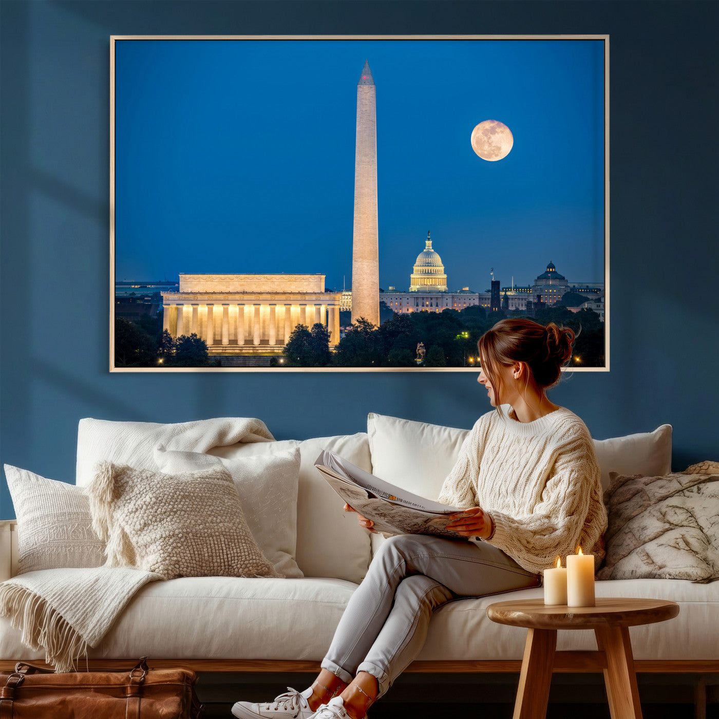96712946-MGV-CV-36X24 - Washington DC Skyline Wall Art Canvas Print – Lincoln Memorial, Washington Monument and US Capitol Night Cityscape Artwork