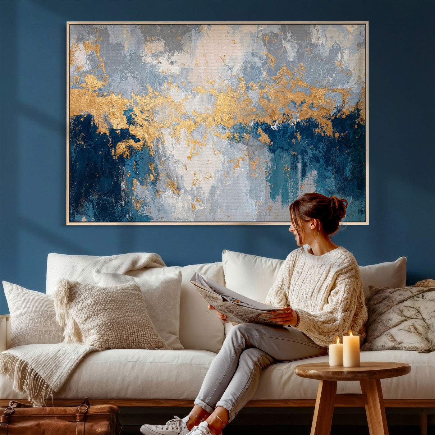 65386119-MGV-CV-36X24 - Blue Gold Abstract Large Framed Canvas Wall Art, Modern Luxury Painting Print in Horizontal Oversized Minimal Wall Decor Artwork