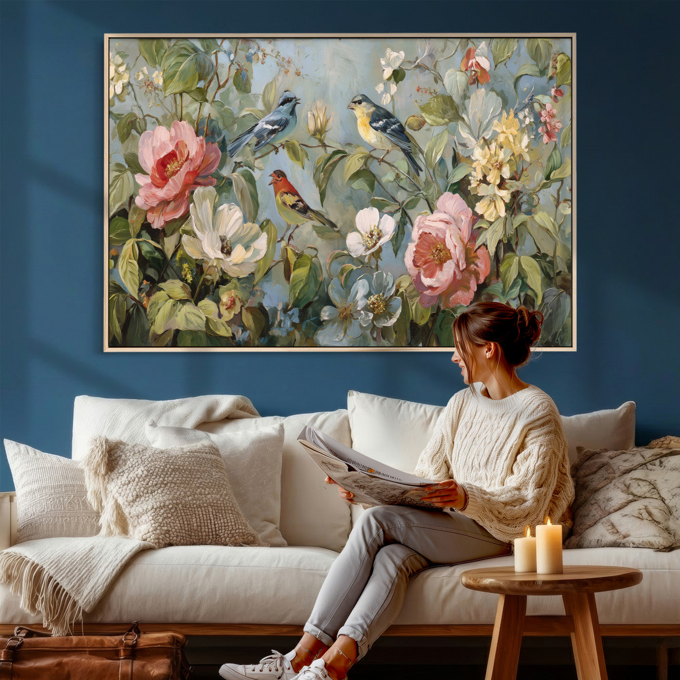 55440837-MGV-CV-36X24 - Vintage Birds and Flowers Wall Art Canvas Print, Botanical Bird Painting Canvas Print, Floral Garden Bird Artwork Canvas Print, Classic Bird Flower Painting Canvas Print