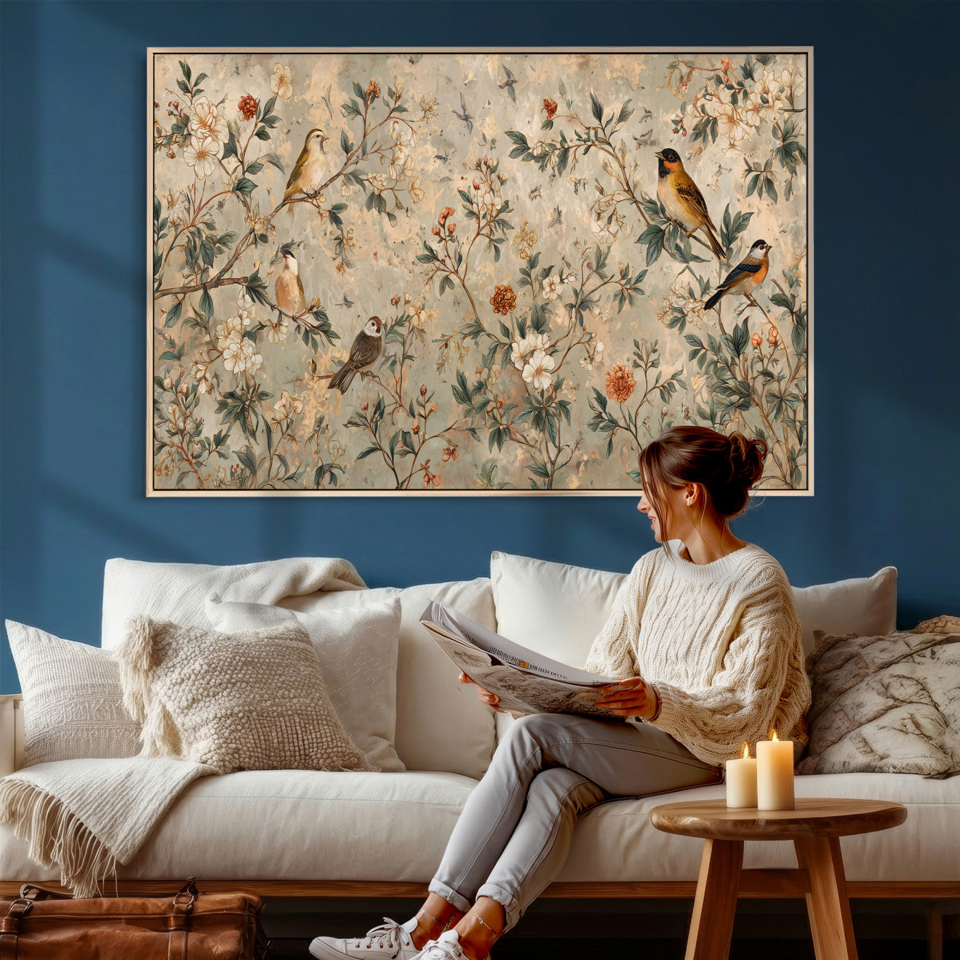 76588438-MGV-CV-36X24 - Vintage Birds and Flowers Wall Art Canvas Print, Botanical Bird Painting Canvas Print, Floral Garden Bird Artwork Canvas Print, Classic Bird Flower Painting Canvas Print