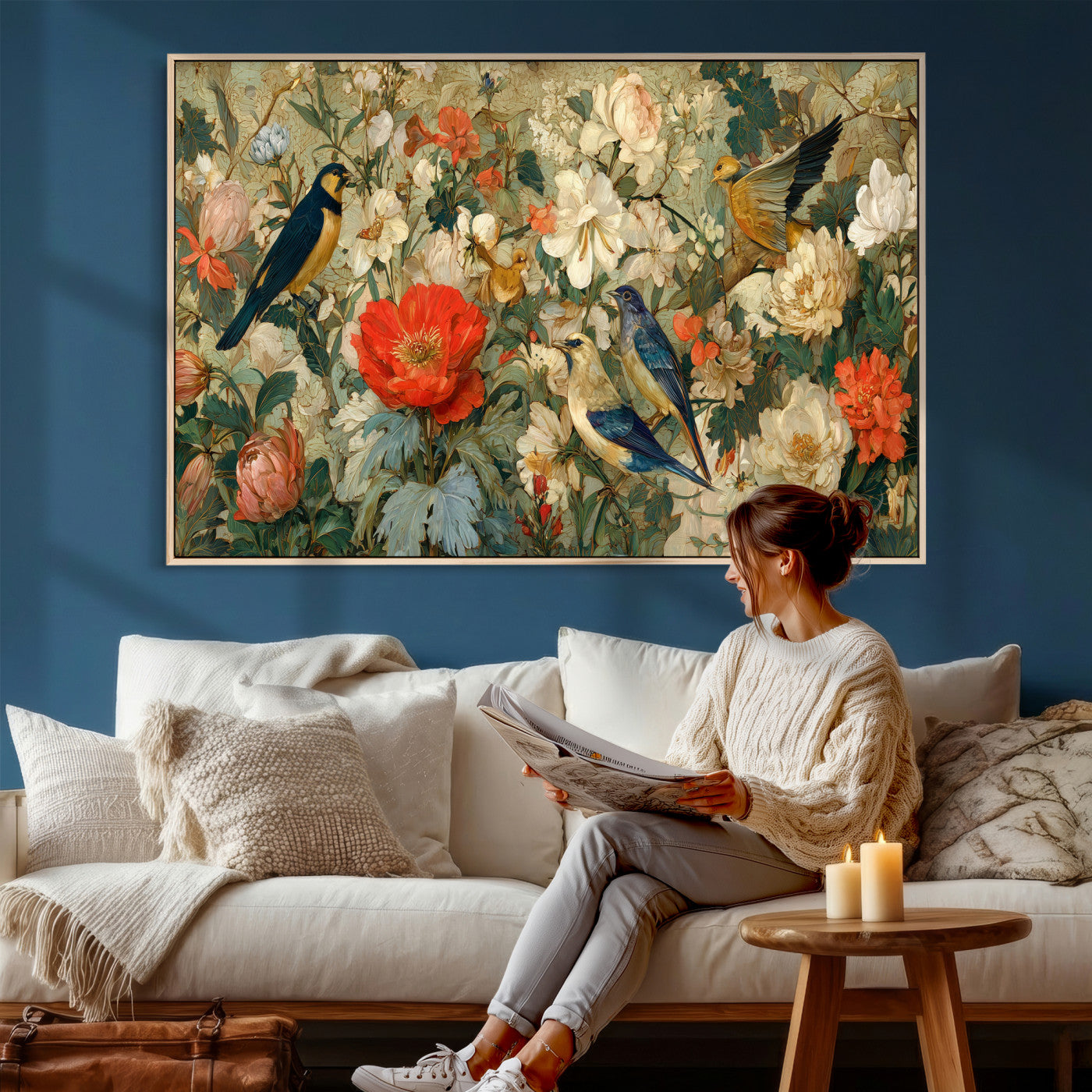 52904757-MGV-CV-36X24 - Vintage Birds and Flowers Wall Art Canvas Print, Botanical Bird Painting Canvas Print, Floral Garden Bird Artwork Canvas Print, Classic Bird Flower Painting Canvas Print