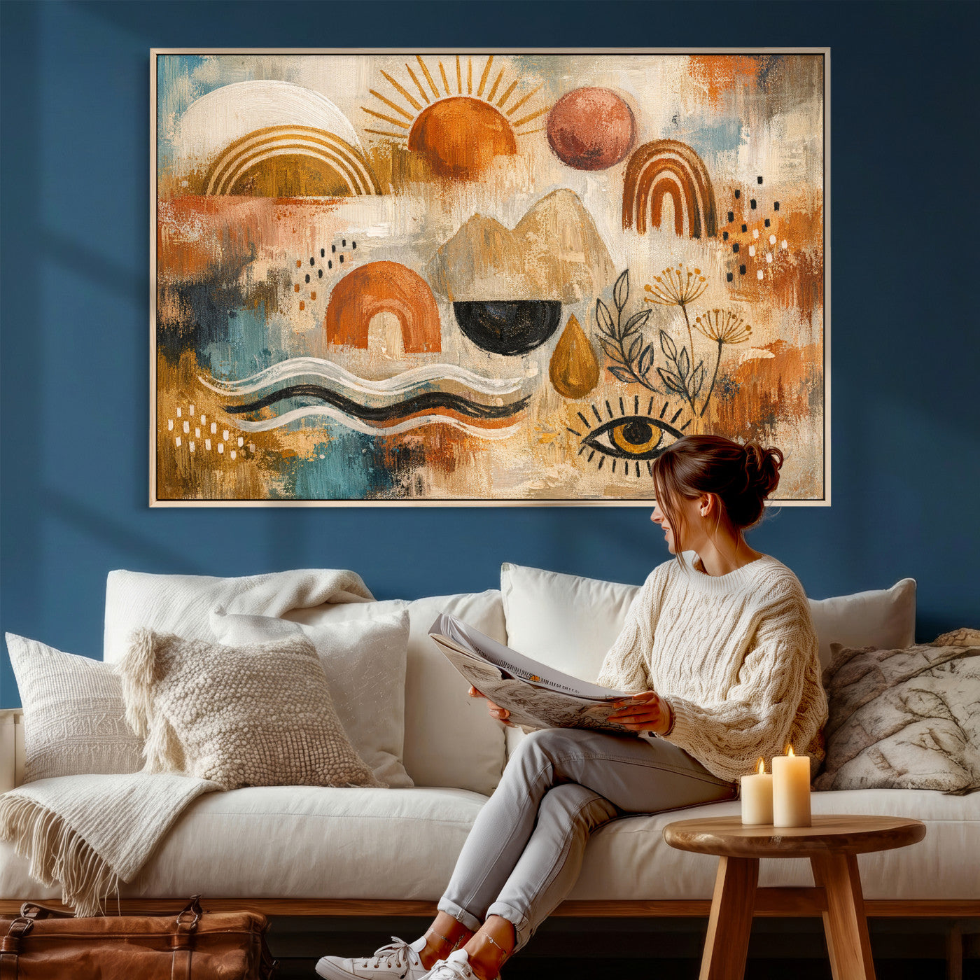 52155239-MGV-CV-36X24 - Geometric Boho Abstract Wall Art Canvas Print, Orange Blue Abstract Expressionist Painting Print, Modern Geometric Abstract Canvas Art