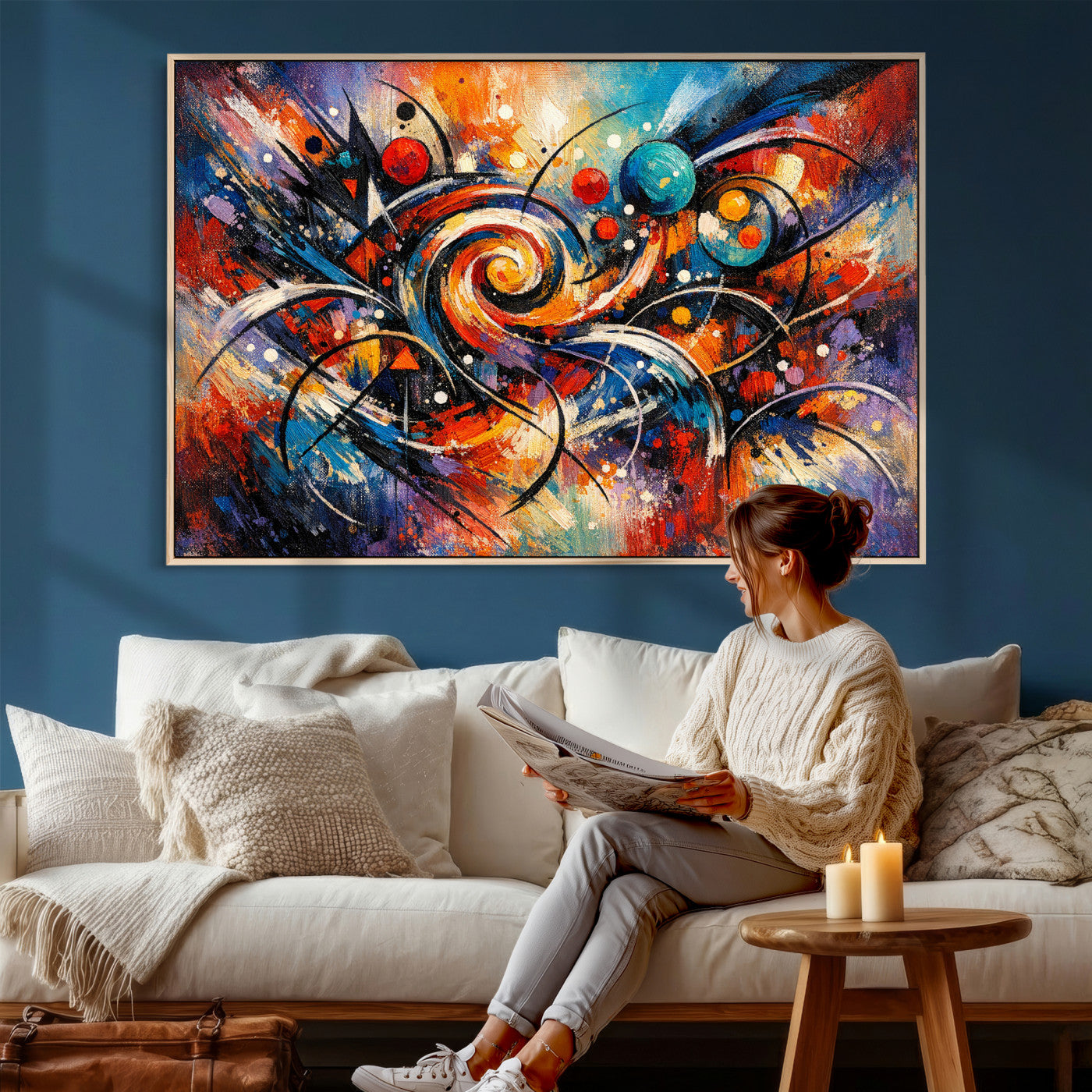 60193267-MGV-CV-36X24 - Geometric Abstract Wall Art Canvas Print, Orange Blue Abstract Expressionist Painting Print, Modern Geometric Abstract Canvas Art