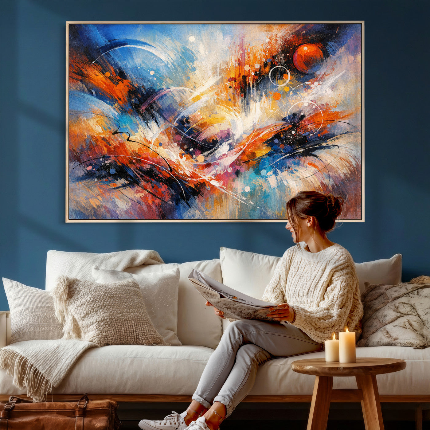 47770355-MGV-CV-36X24 - Geometric Abstract Wall Art Canvas Print, Orange Blue Abstract Expressionist Painting Print, Modern Geometric Abstract Canvas Art