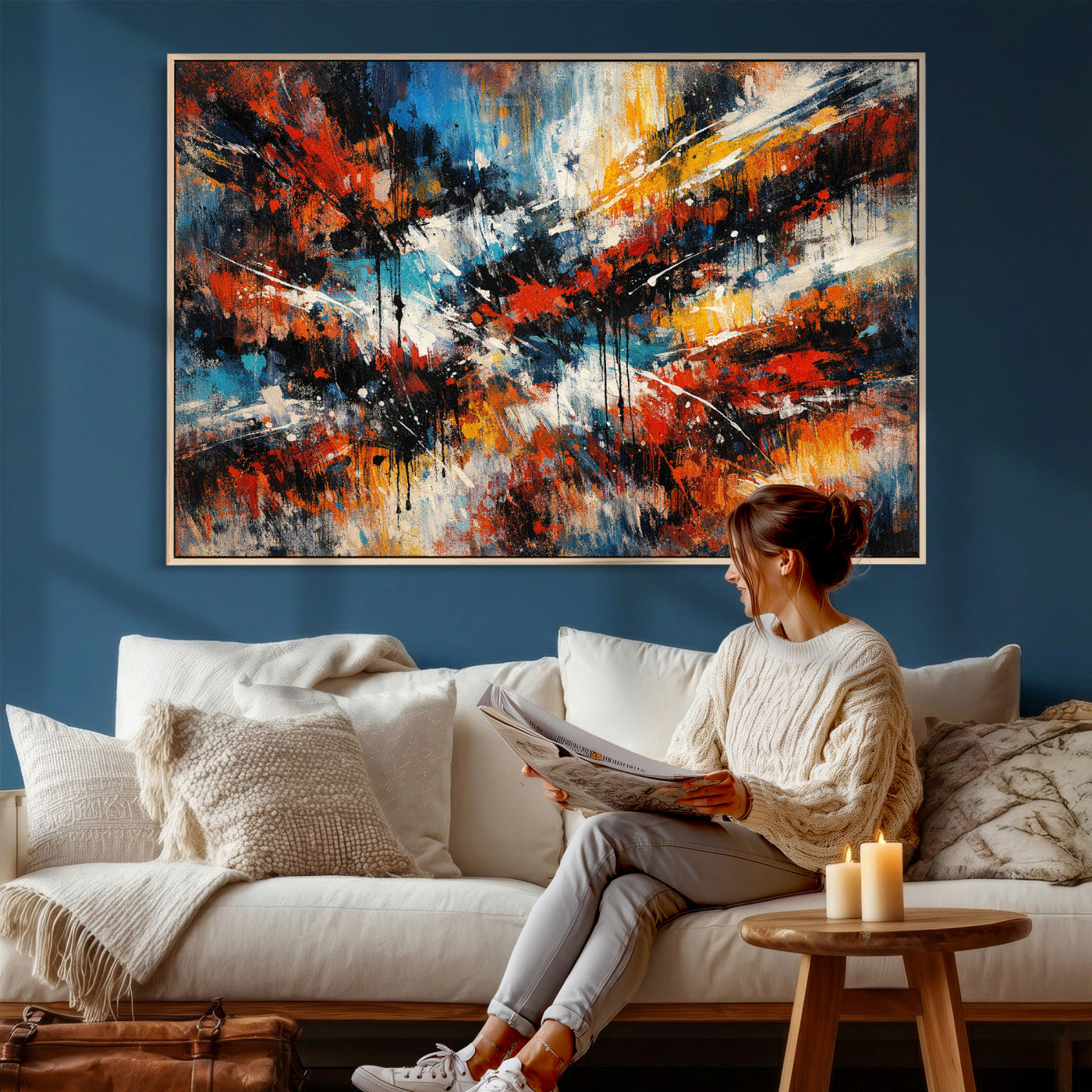 80276069-MGV-CV-36X24 - Geometric Abstract Wall Art Canvas Print, Orange Blue Abstract Expressionist Painting Print, Modern Geometric Abstract Canvas Art