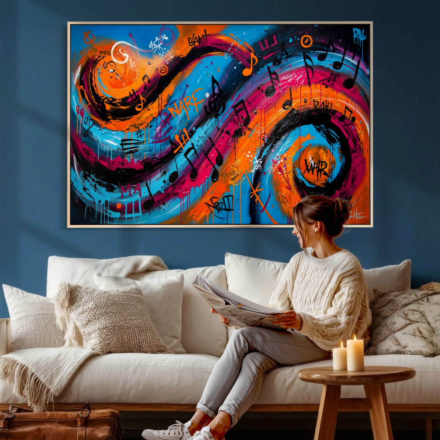 34936518-MGV-CV-36X24 - Geometric Abstract Wall Art Canvas Print, Orange Blue Abstract Expressionist Painting Print, Modern Geometric Abstract Canvas Art