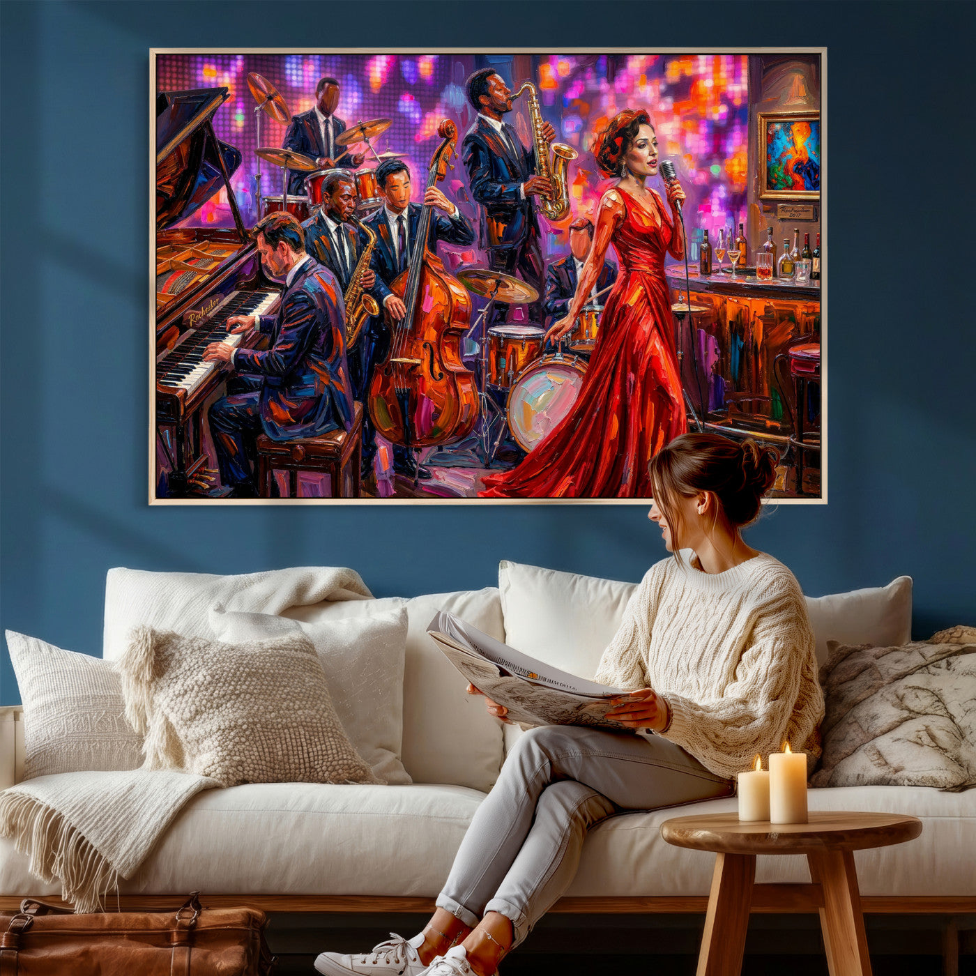 620930J20-MGV-CV-36X24 - Jazz Band Canvas Wall Art — Jazz Club Singer Saxophone Print | Music Wall Decor | Bar Restaurant Art | Music Lover Gift | Jazz Home Decor